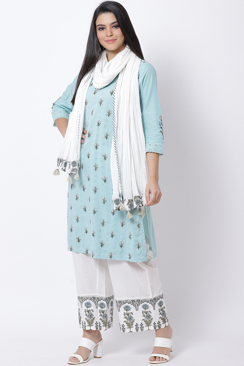 Sea Green Cotton Straight Kurta Palazzo Suit Set image number 0