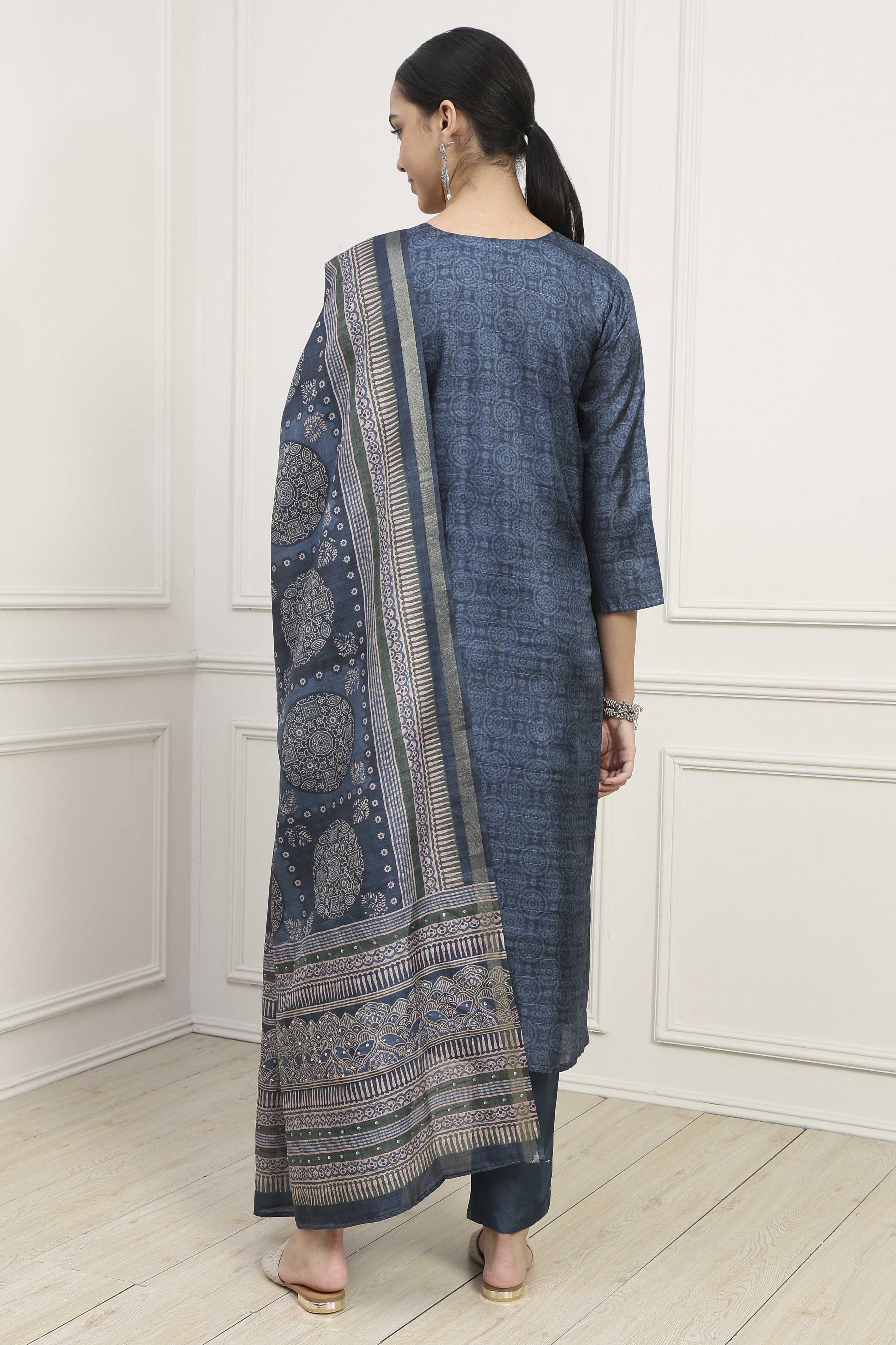 Mustard Silk Tussar Hand Embroidered Unstitched Suit Set image number 5