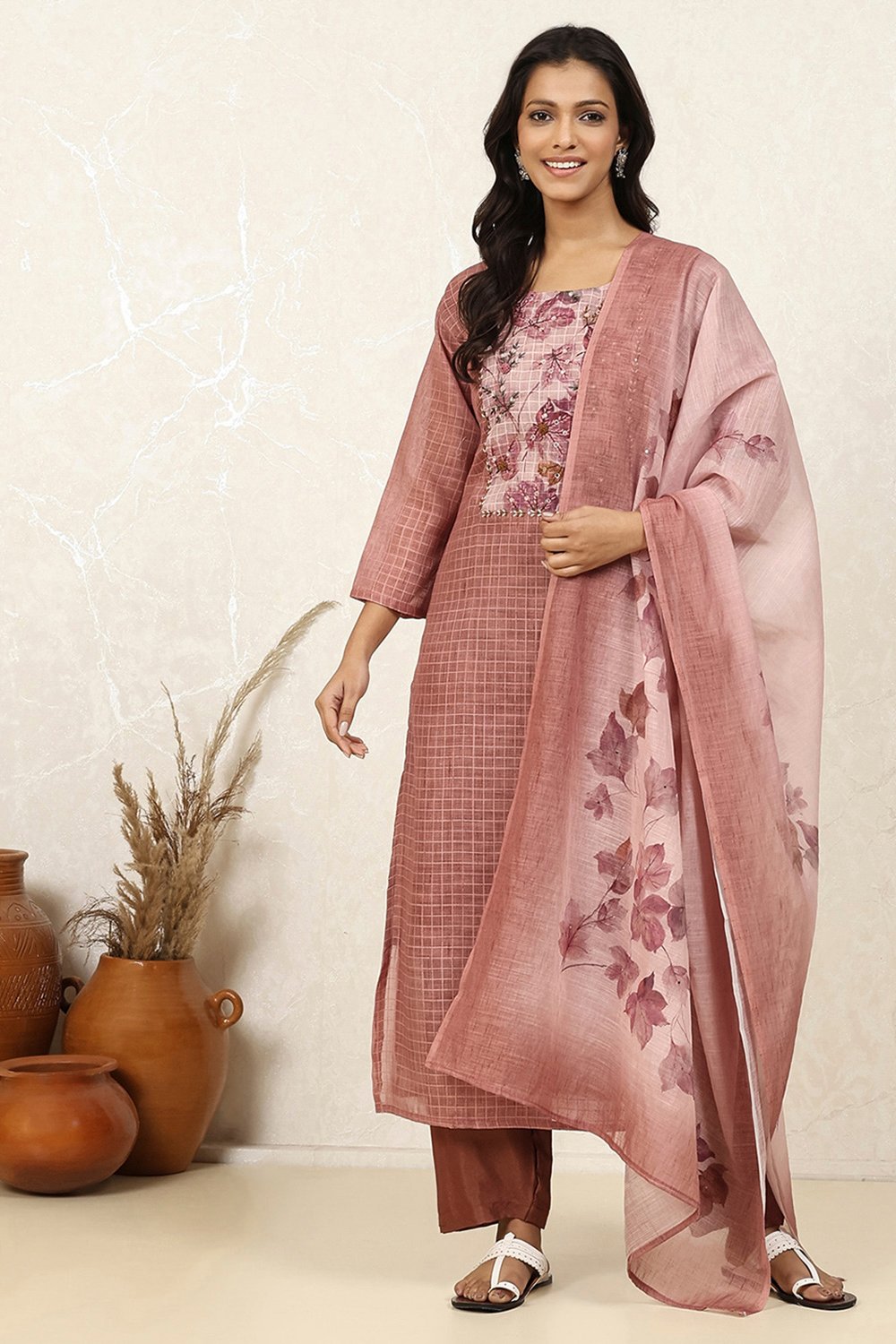 Lavender Linen Blend Hand Embroidered Unstitched Suit Set image number 1