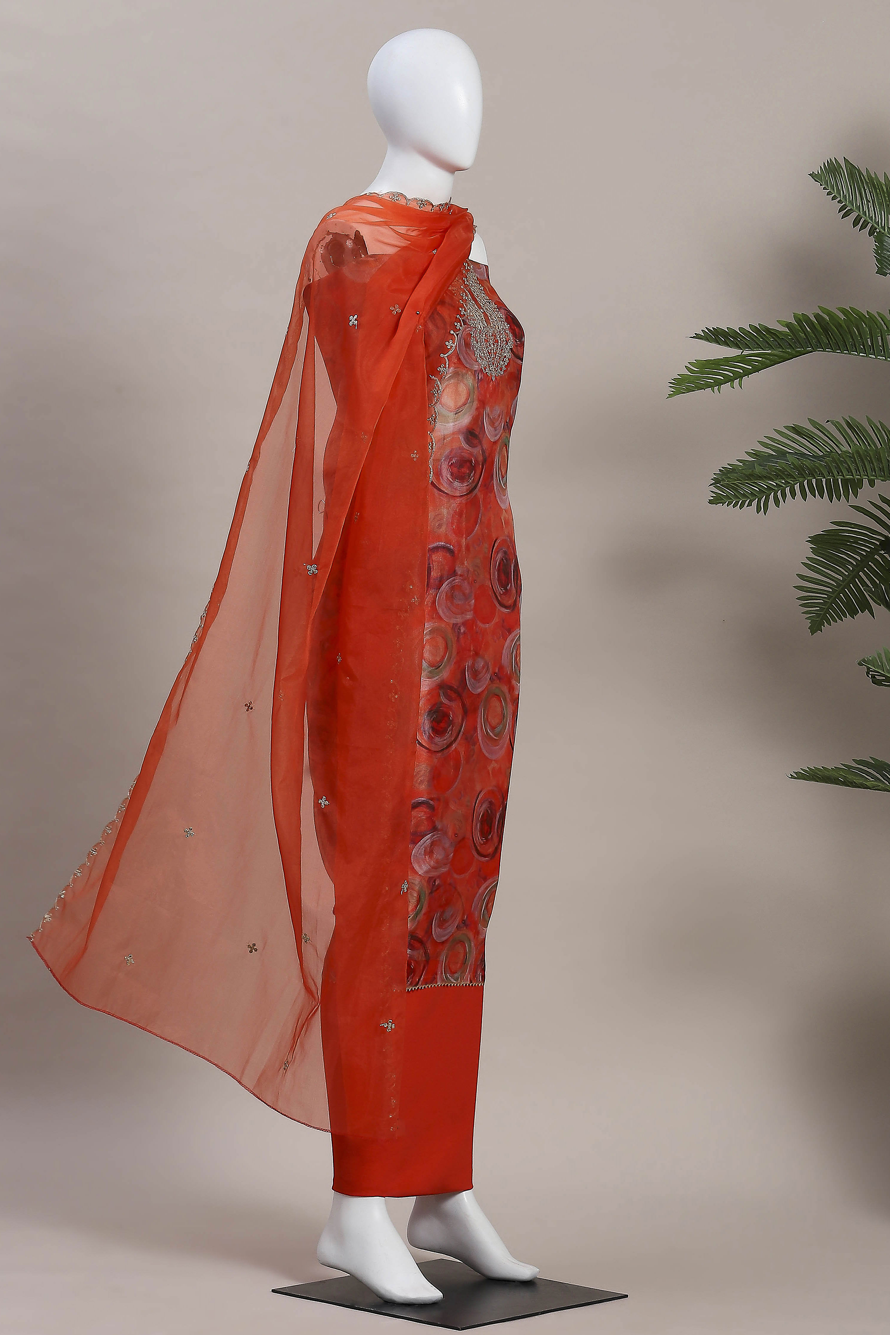 Peach-Colored Organza Rajasthani Print Unstitched Suit Set image number 4