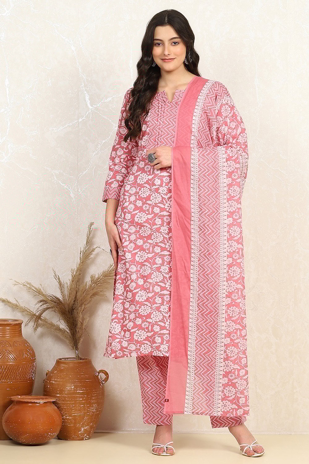 Mustard Cotton Screen Print Unstitched Suit Set image number 7