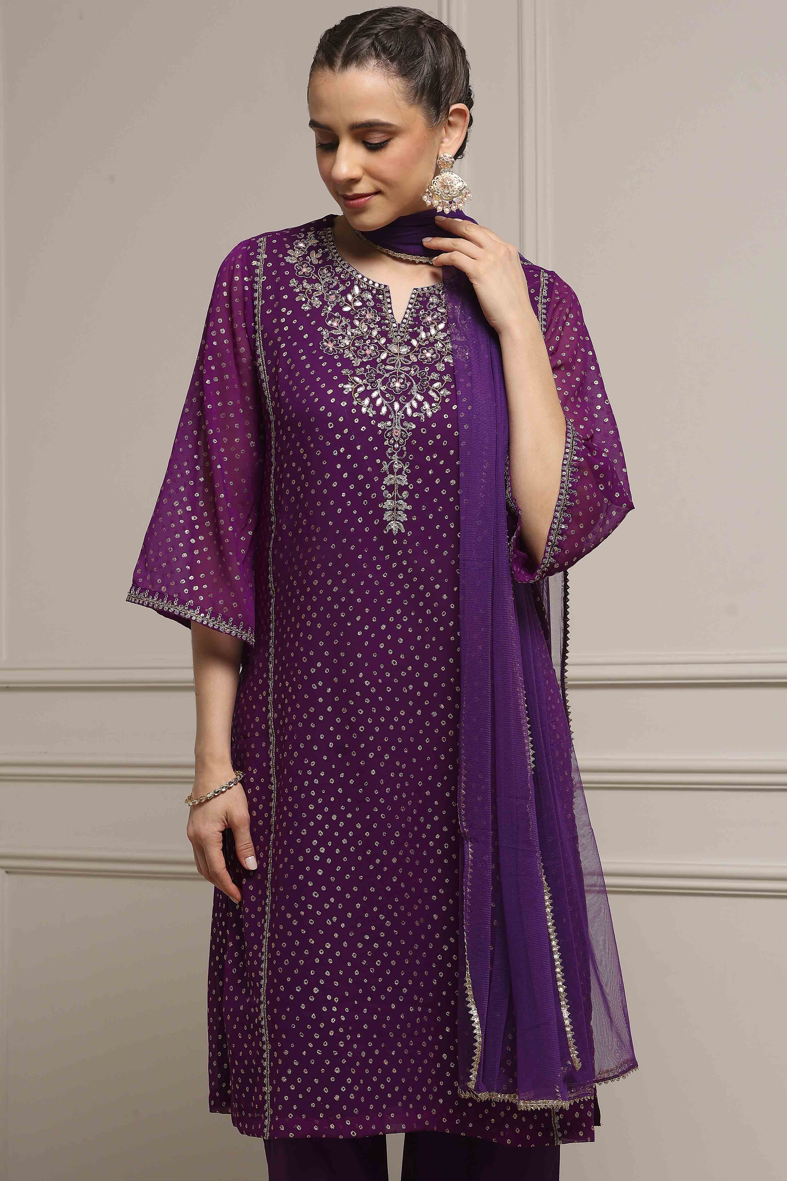 Purple Viscose Straight Printed Suit Set image number 6
