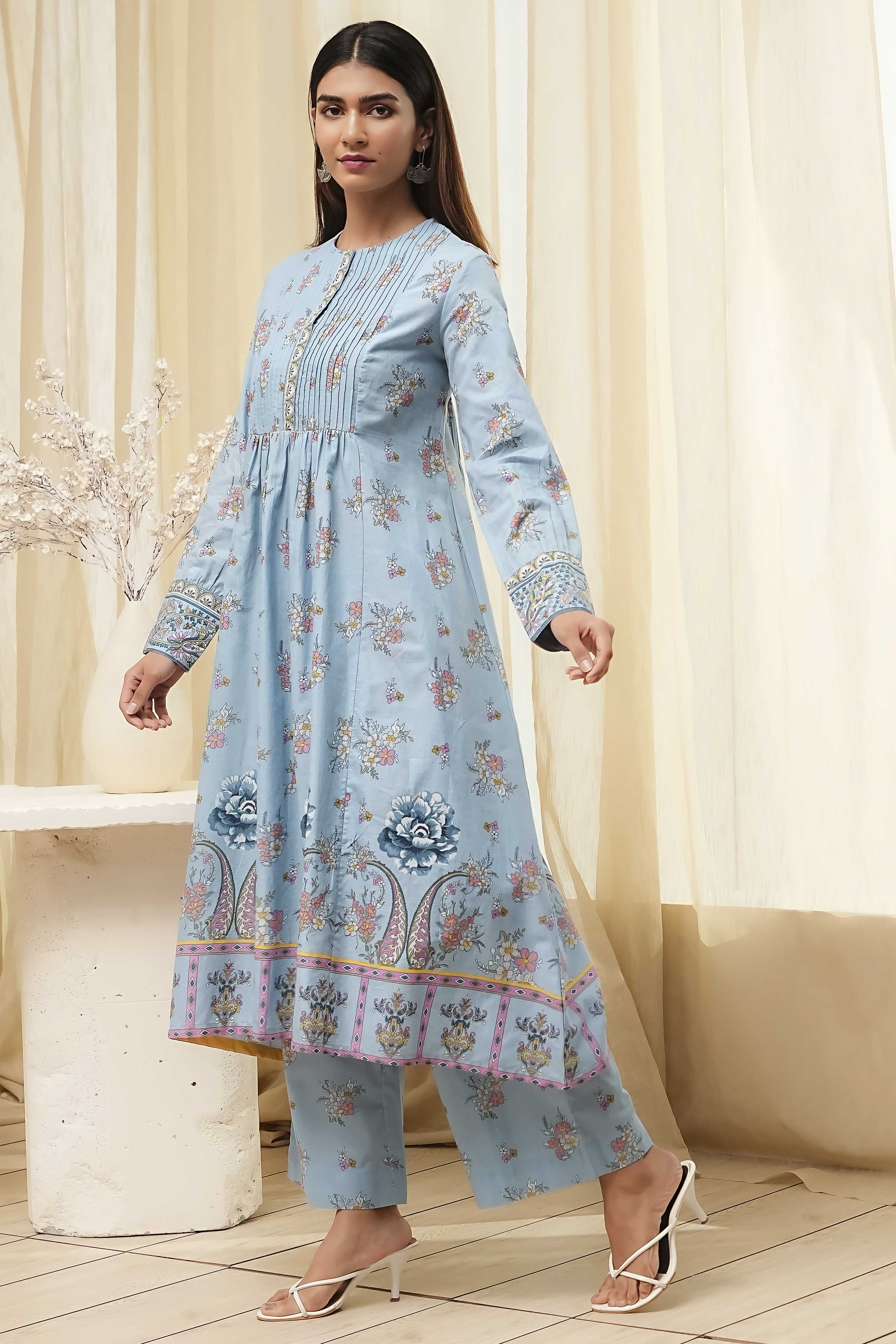 Dull Blue Cotton Flared Printed Kurta Set image number 3