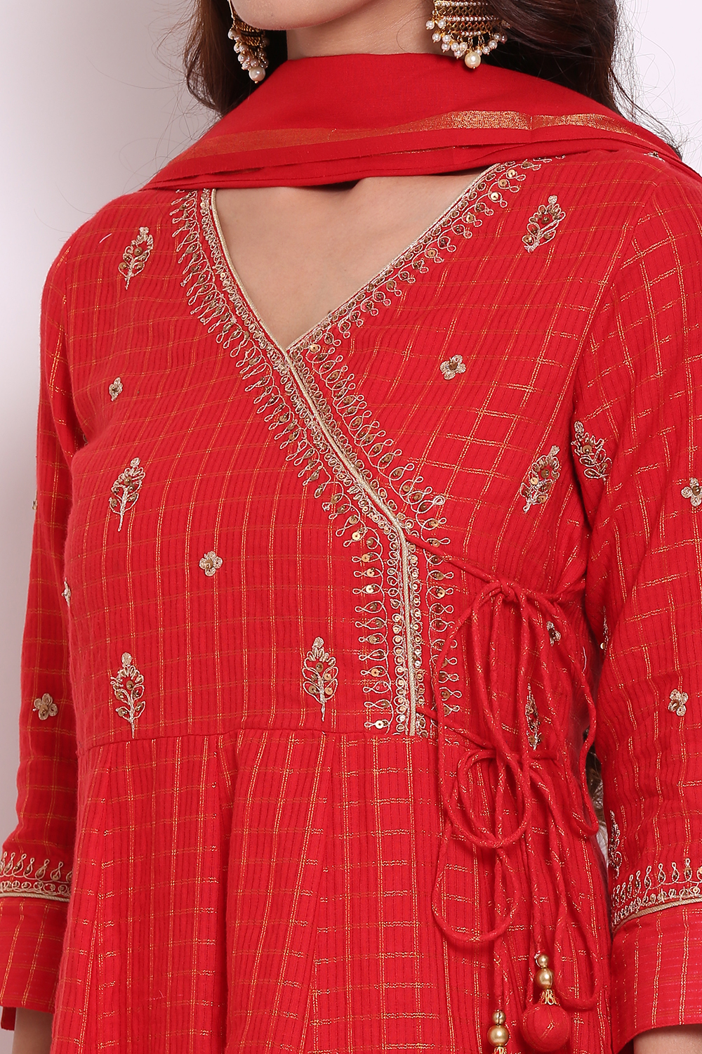Red Metallic Cotton Anarkali Kurta Churidar Suit Set image number 1