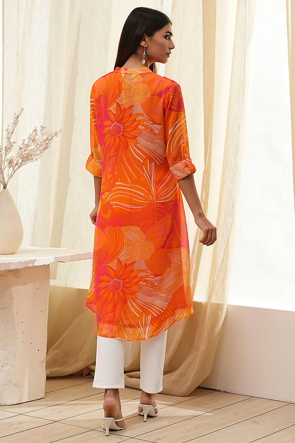 Blue Printed Pleated A-Line Kurta image number 3