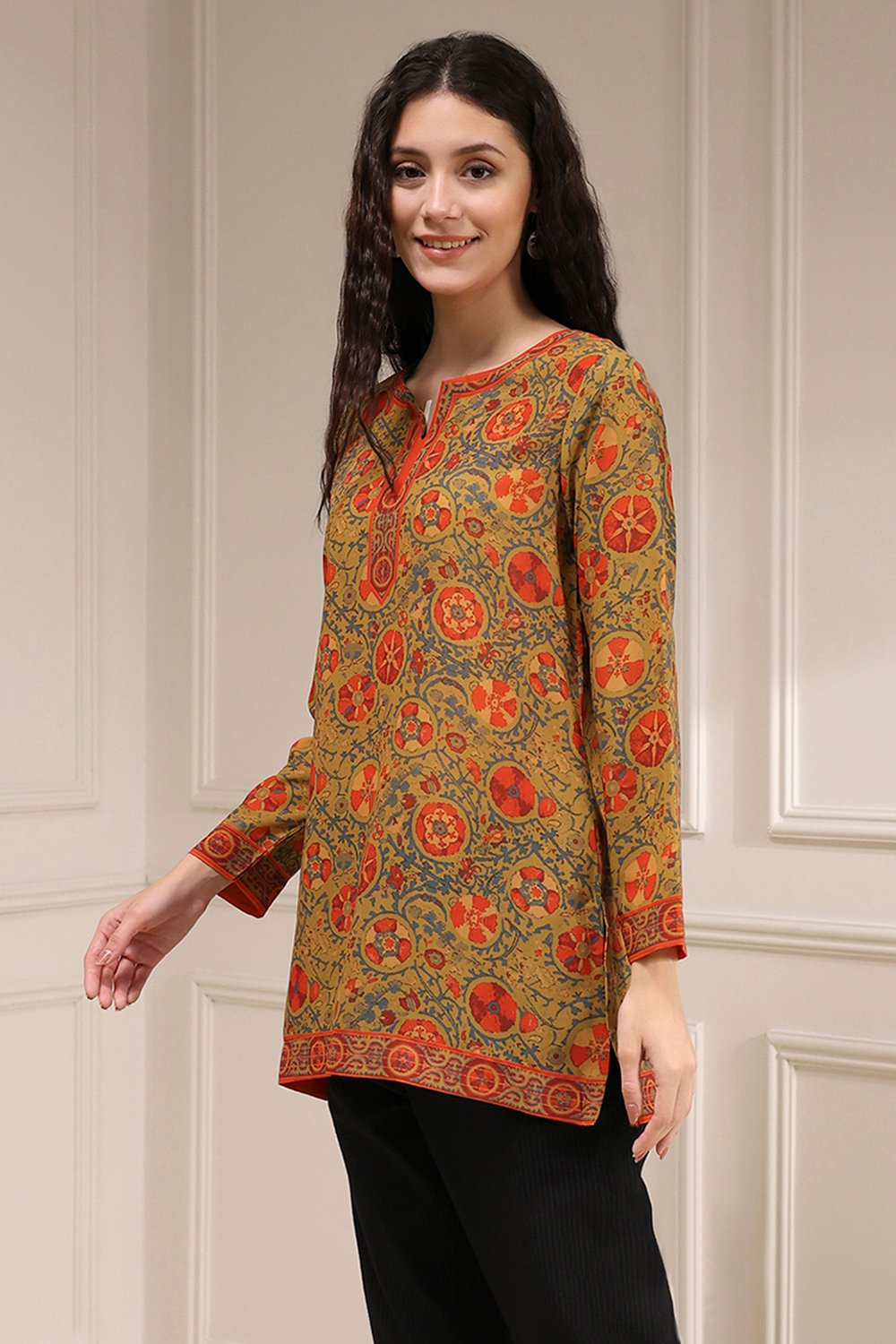 Mustard Red Polyester Straight Printed Short Kurta image number 2