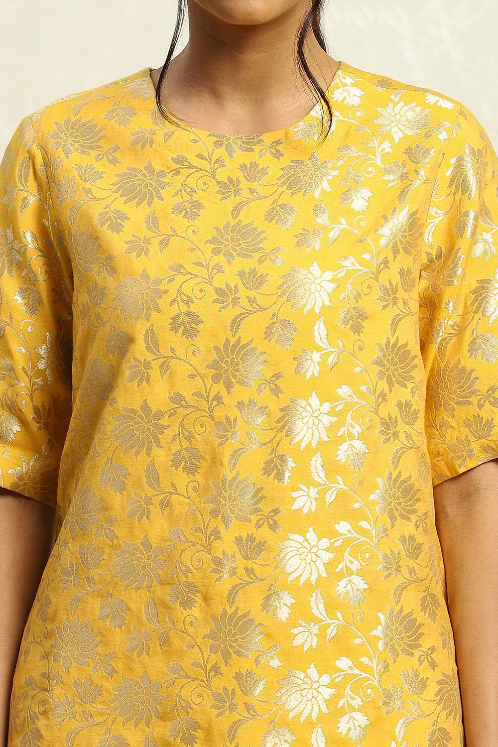 Yellow Jacquard Floral Yarn-Dyed Straight Kurta Set image number 1
