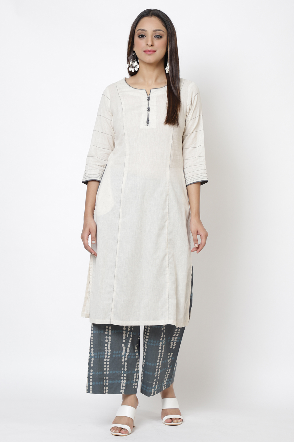 Off White Cotton Flax Straight Kurta Palazzo Suit Set image number 2