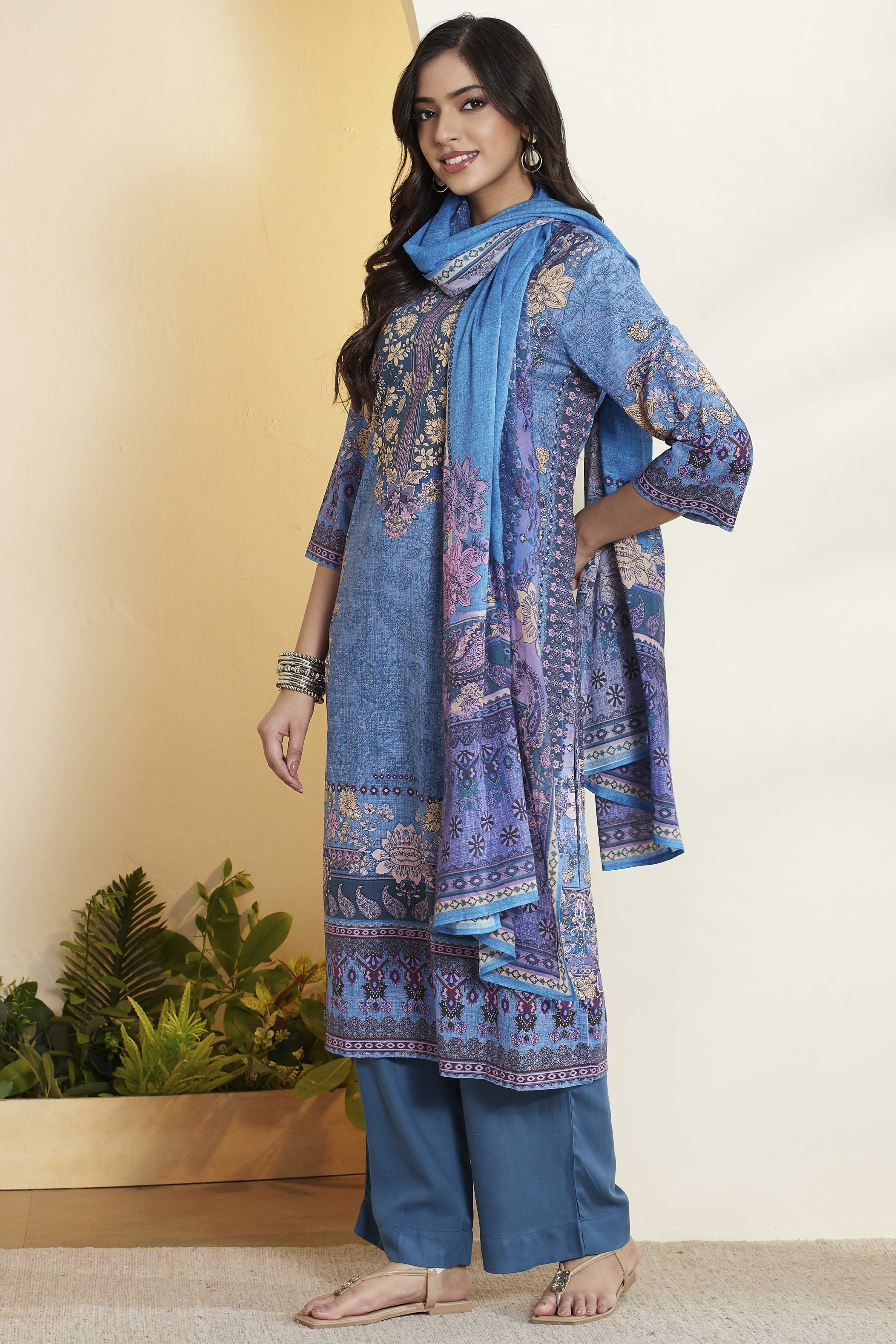 Blue Cotton Printed Straight Kurta Set image number 4