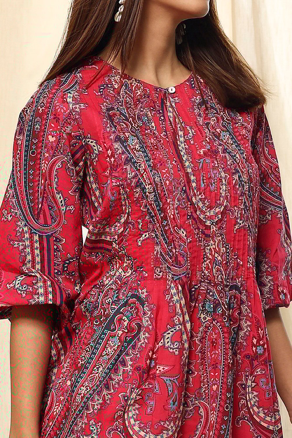 Magenta Cotton Printed A-Line Short Kurta image number 1