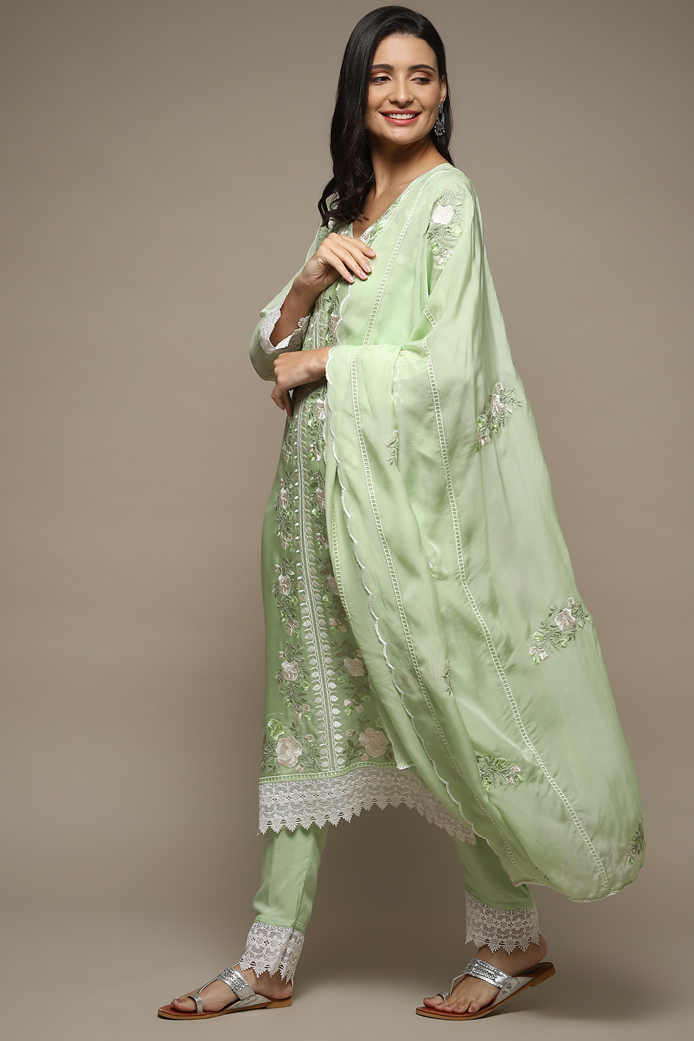 Green Organza Lace Unstitched Suit Set image number 6