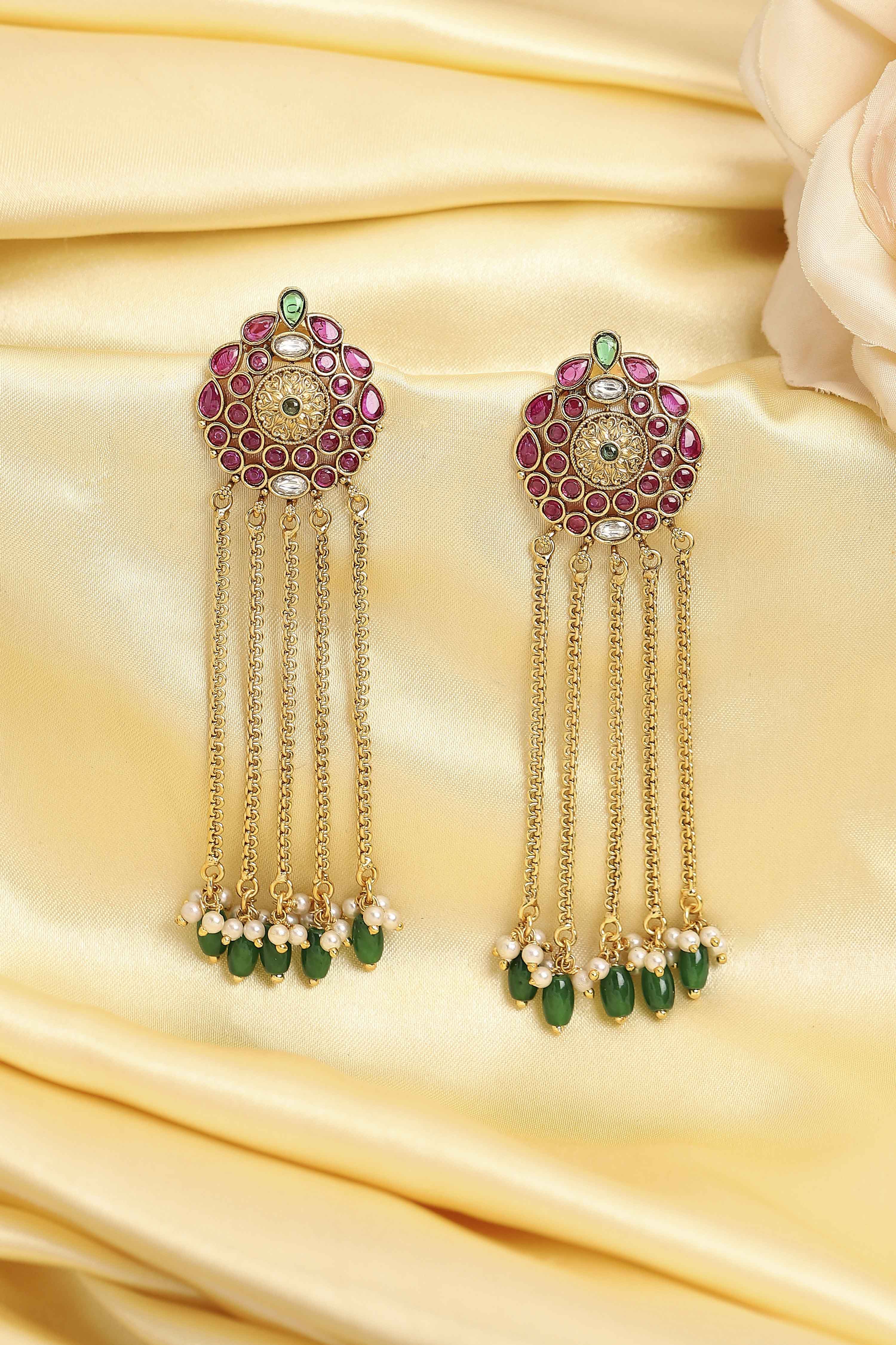 Multicolour Gold Plated Brass Stone Studded Drop Earrings image number 0