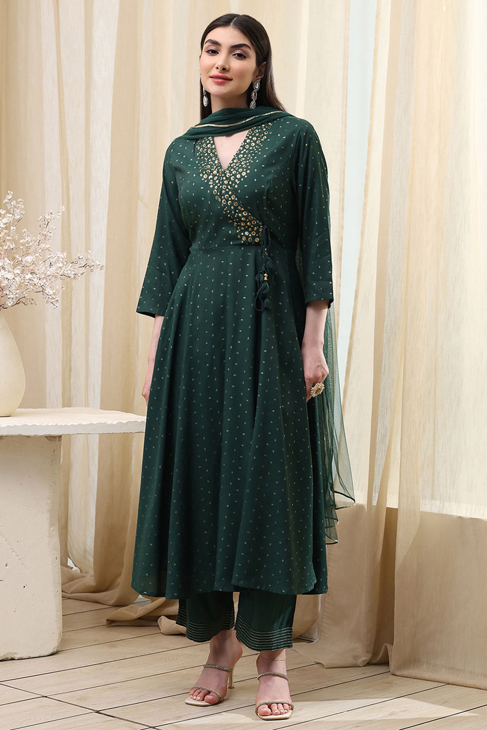 Dark Green Shantoon Printed Anarkali Suit Set image number 6