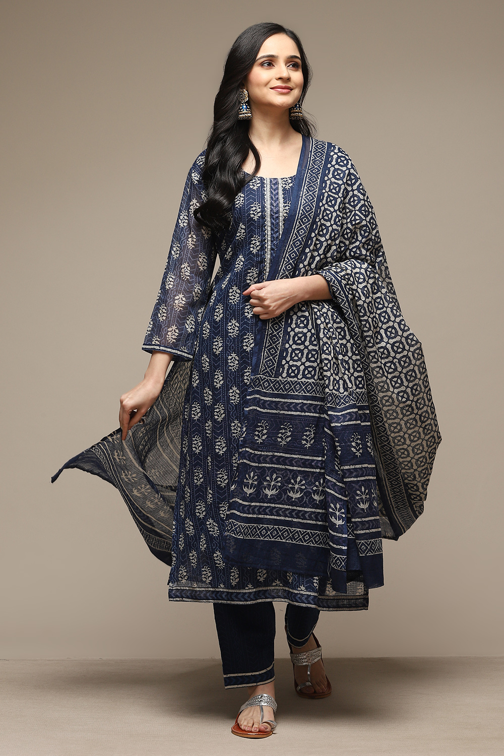 Blue Cotton Hand Block Print Unstitched Suit Set image number 0