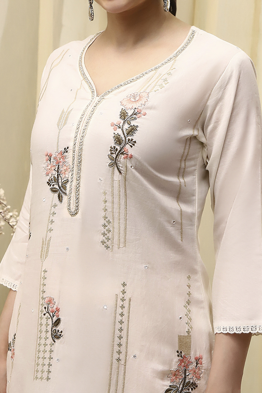 White/Pink Cotton Machine Embroidered Unstitched Suit Set image number 2