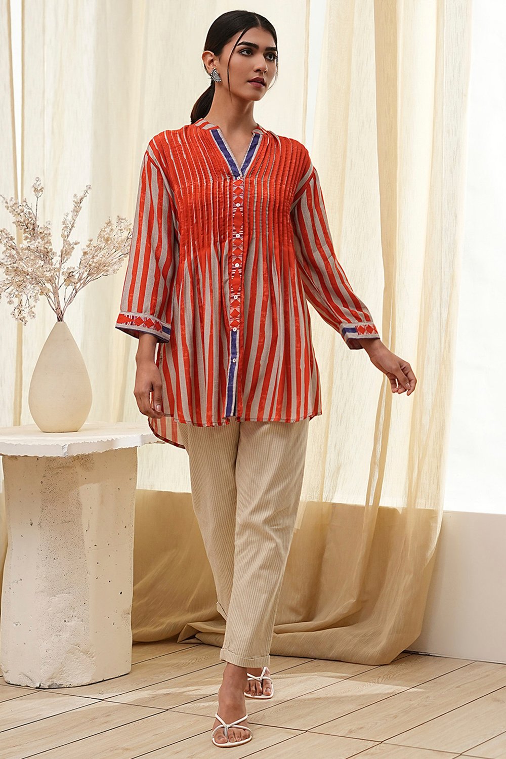 Orange Modal Printed Shirt-Style Short Kurta image number 5