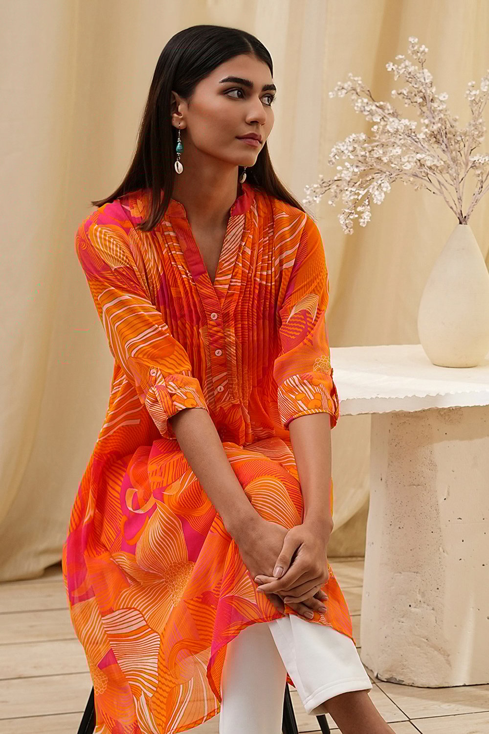 Blue Printed Pleated A-Line Kurta image number 7
