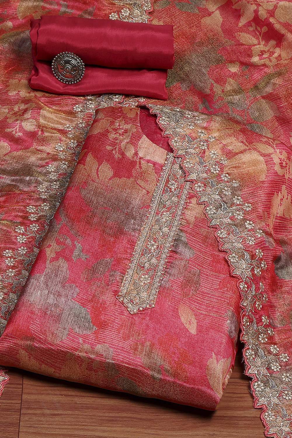 Grey Tissue Printed Embroidered Unstitched Suit Set image number 0