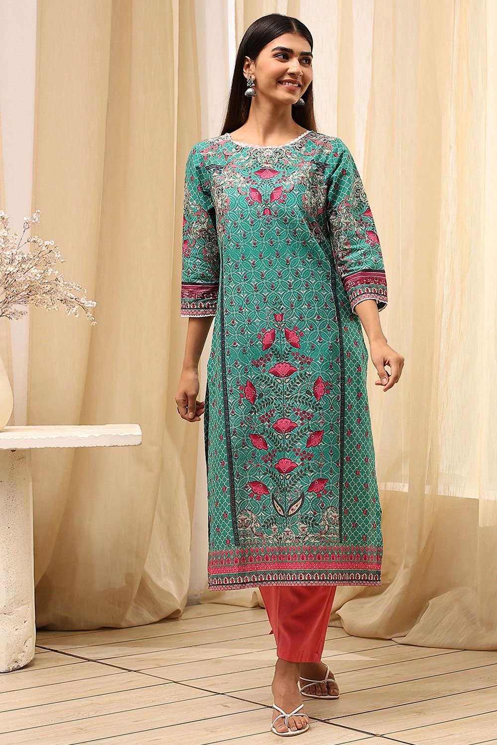 Green Cotton Printed Straight Kurta image number 0