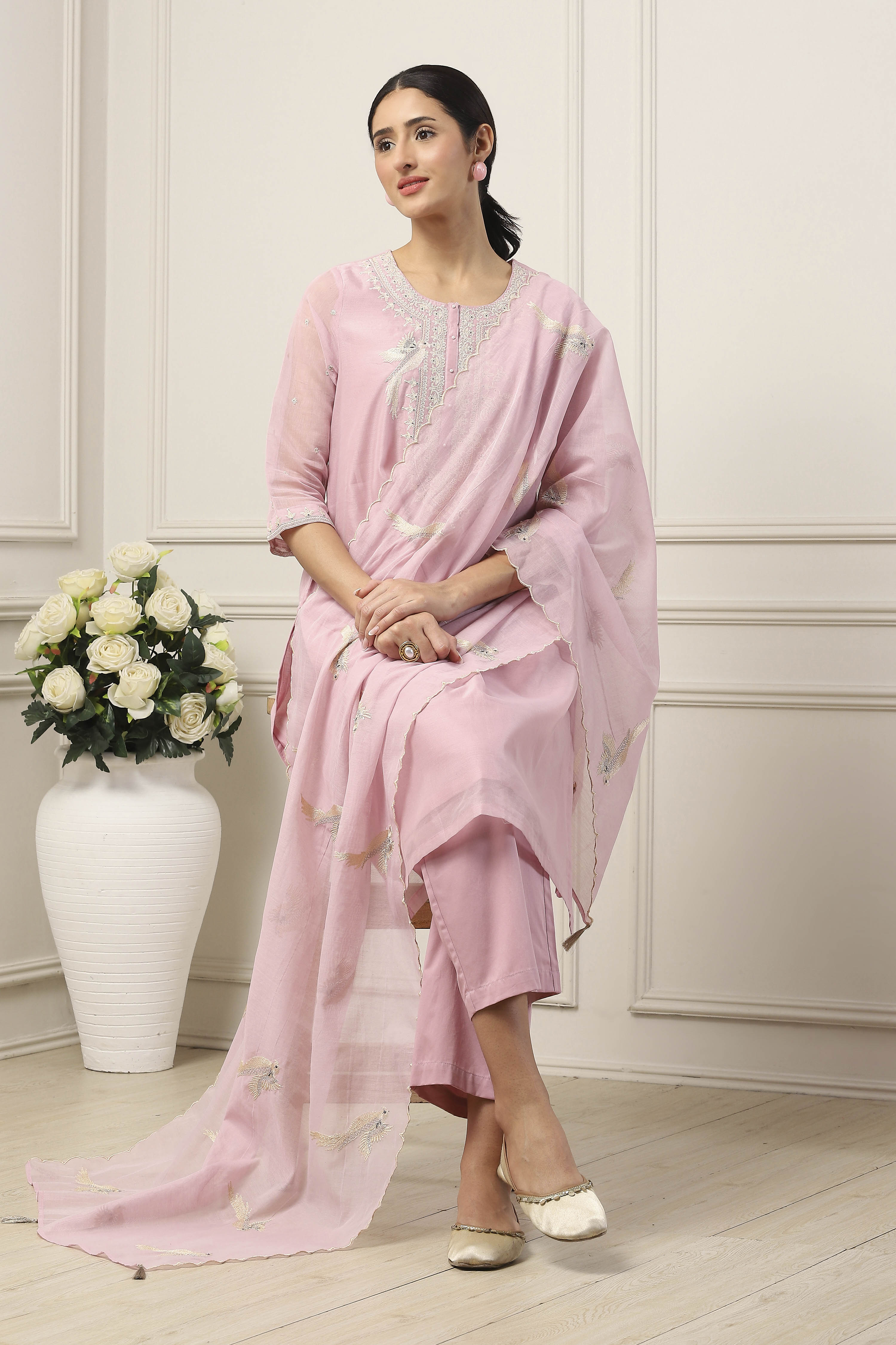 Pink Poly Chanderi Embroidered Straight Suit Set image number 0