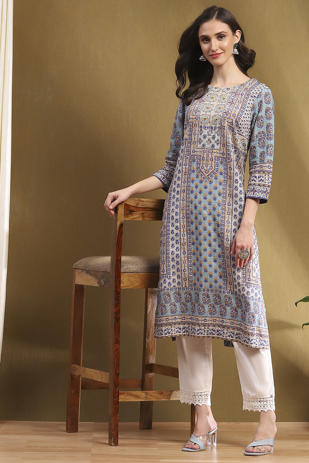 Blue Cotton Printed Straight Kurta image number 0