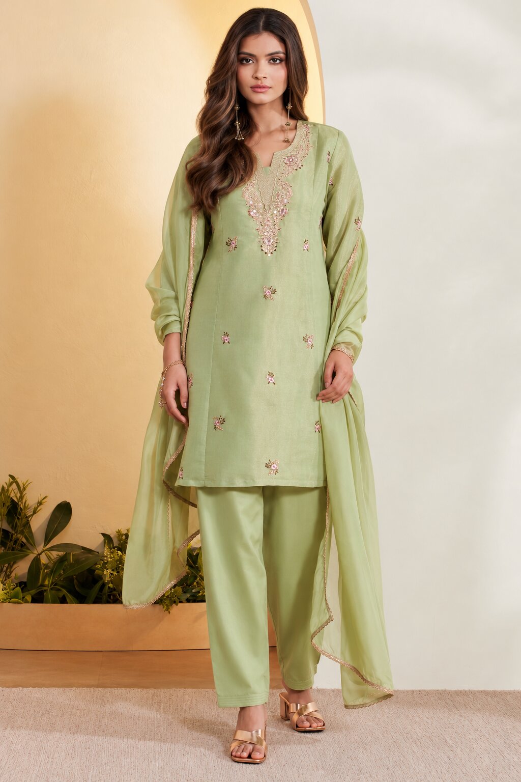 Green Cotton Floral Design Straight Kurta Set image number 0