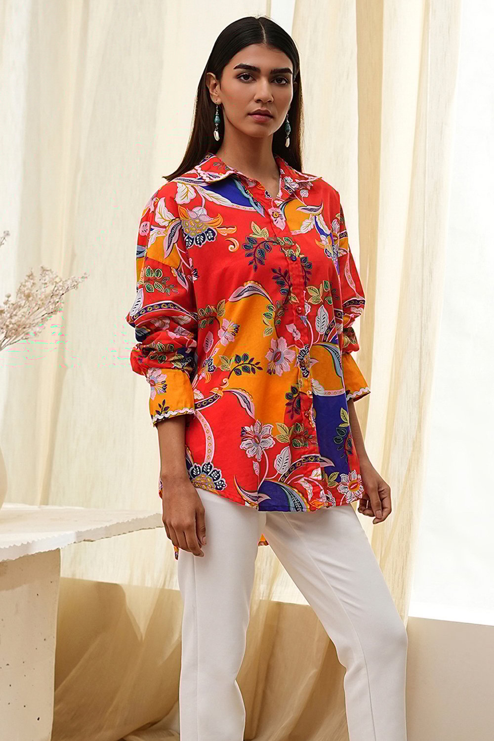 Orange Cotton Floral High-Low Shirt image number 4