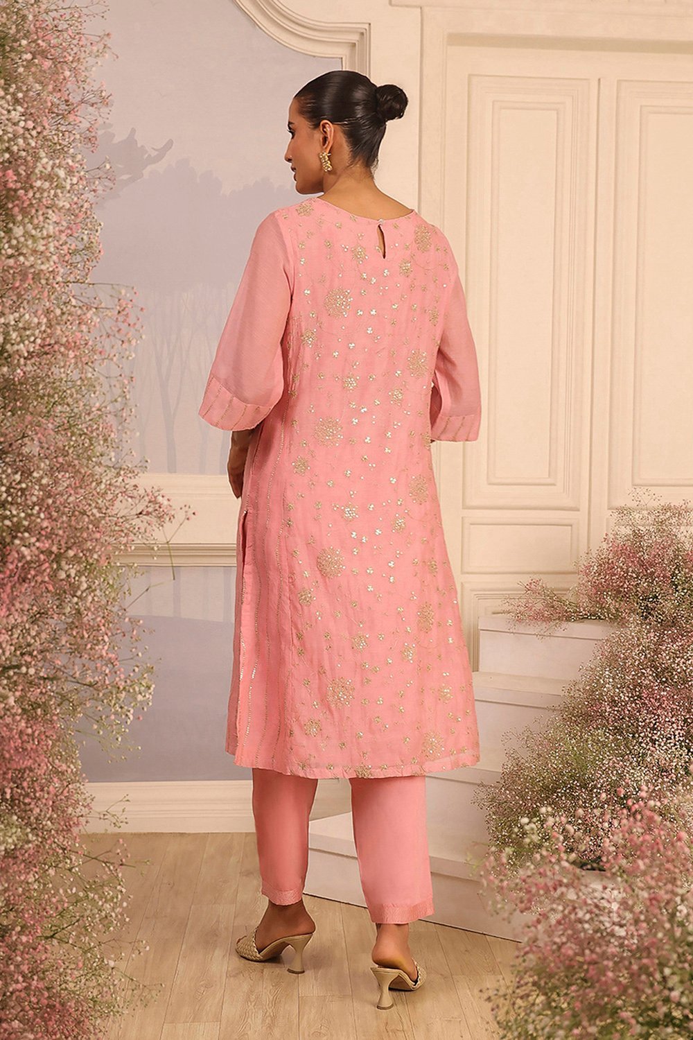 Pink Silk A-Line Embroidered Suit Set image number 4