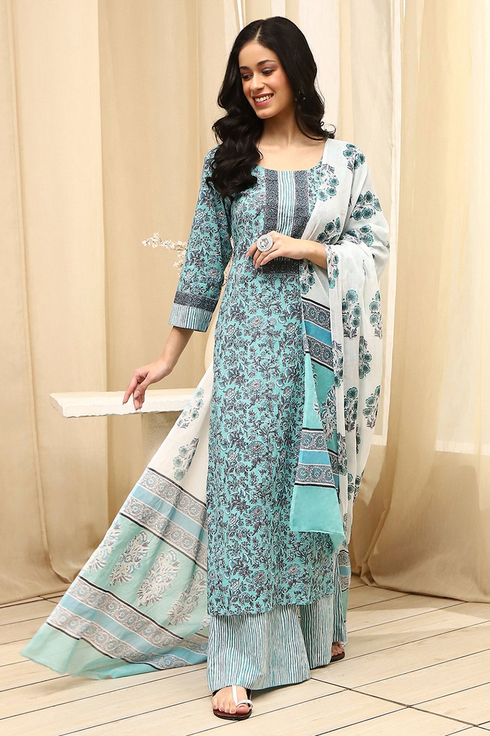 Turquoise Cotton Hand Block Print Unstitched Suit Set image number 1