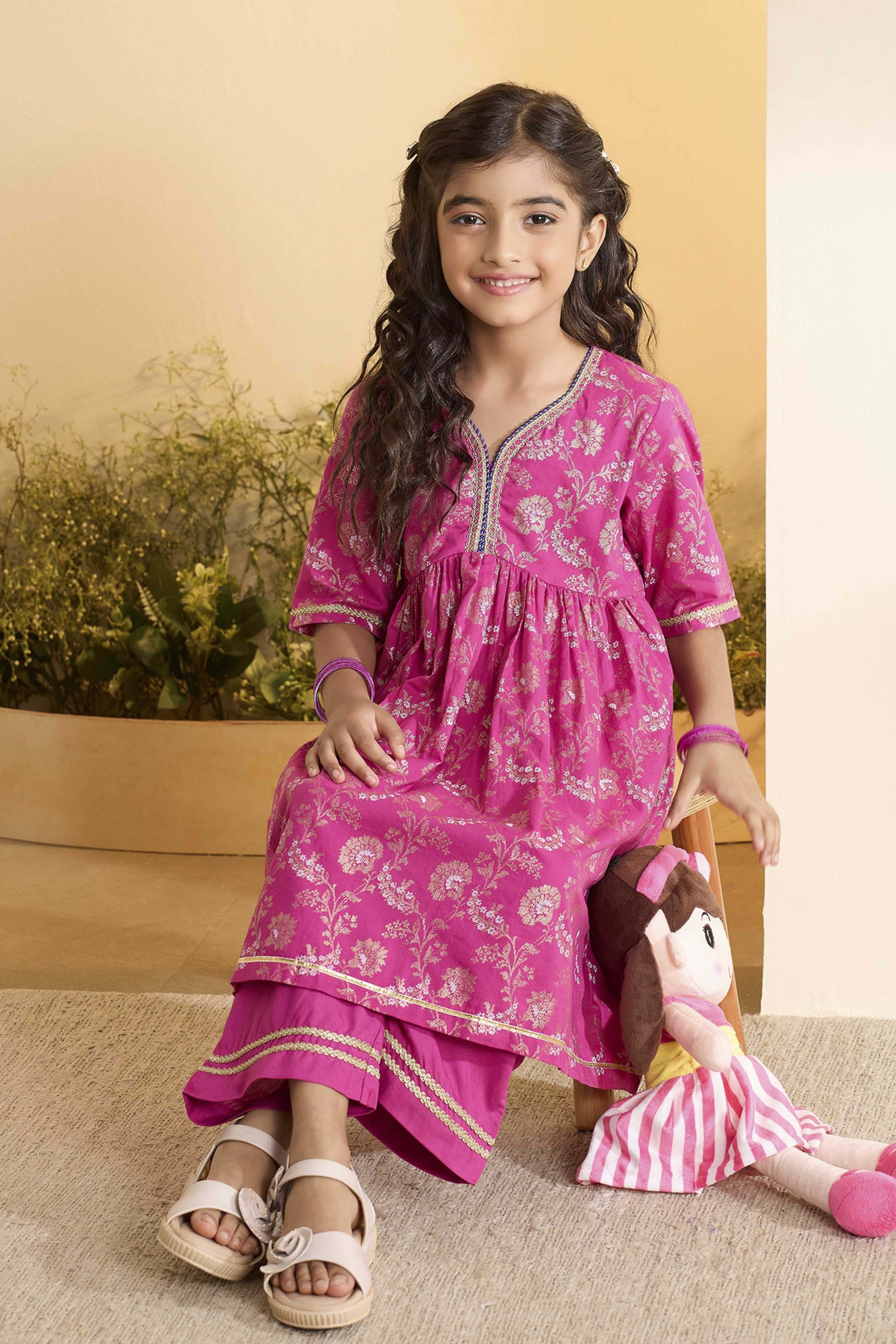 Pink Cotton Floral Printed Flared Kurta Set image number 0
