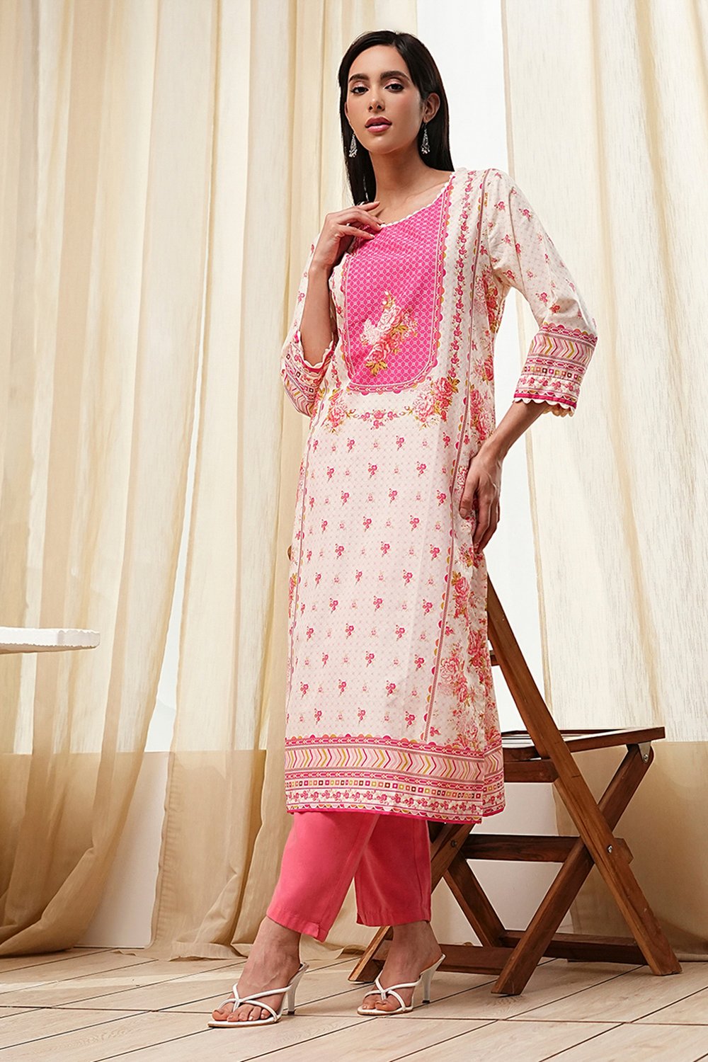Pink Cotton Printed Straight Kurta image number 0