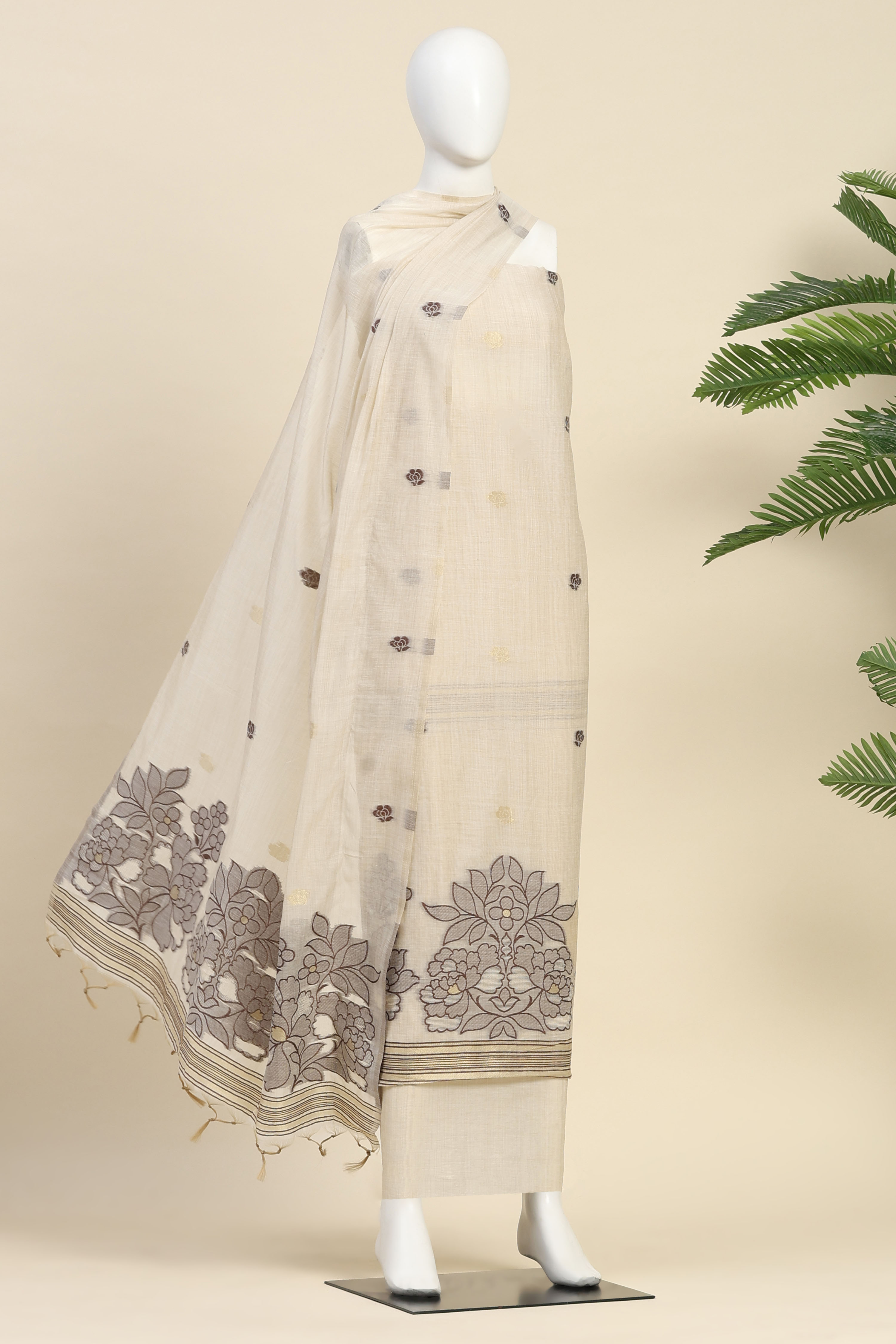 Blue Chanderi Kantha Unstitched Suit Set image number 4