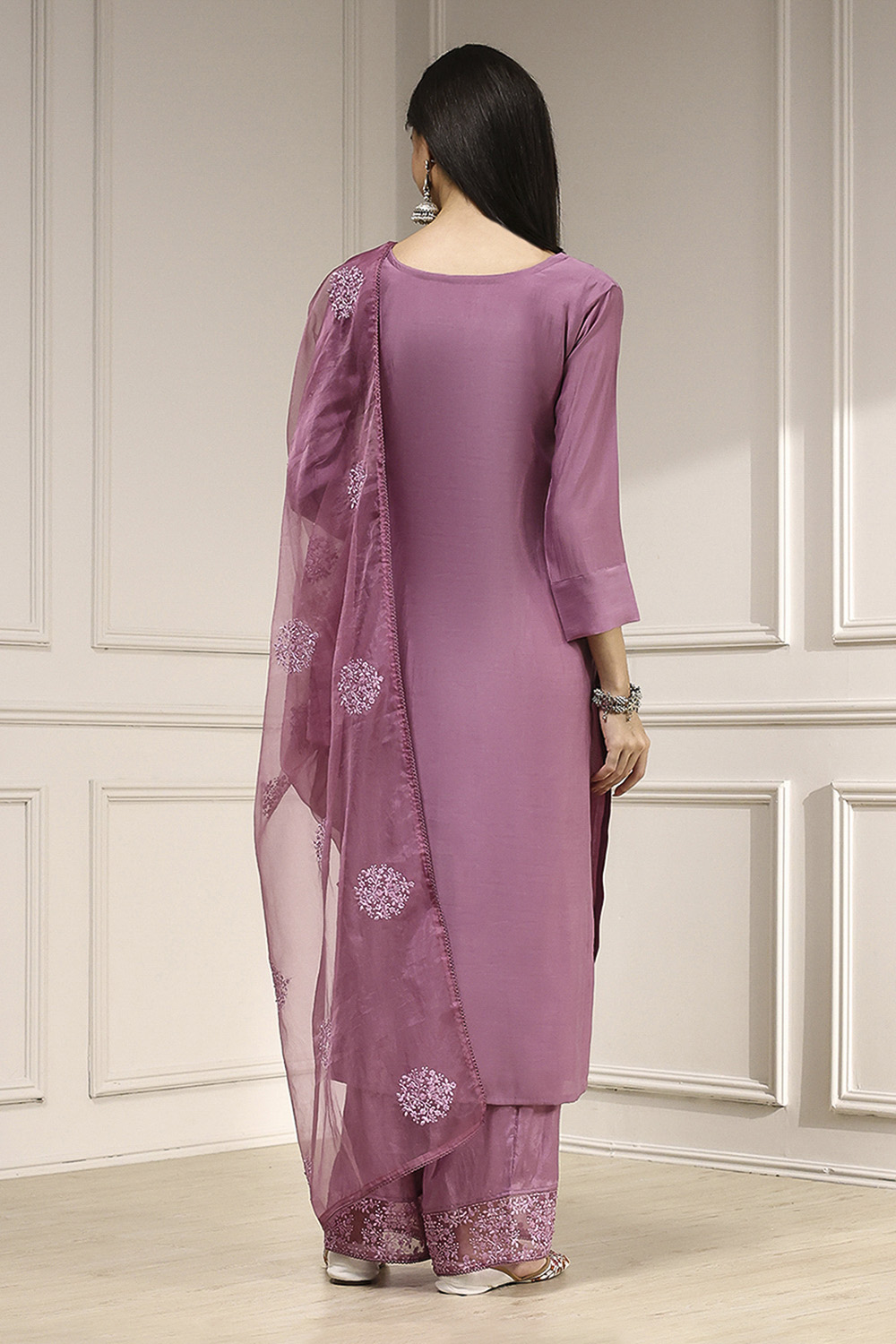 Purple Chanderi Blend Machine Embroidered Unstitched Suit Set image number 5