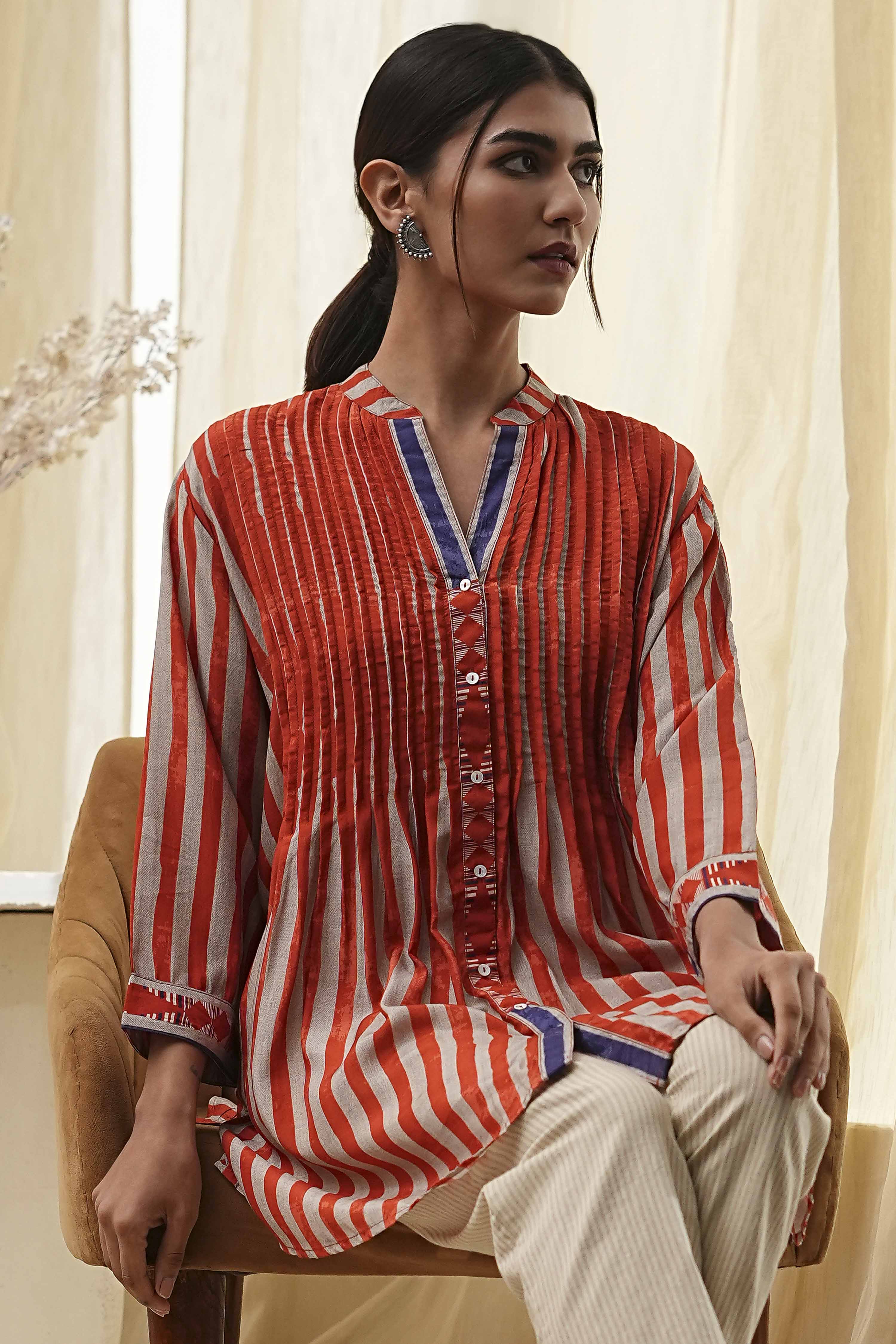 Orange Modal Printed Shirt-Style Short Kurta image number 0