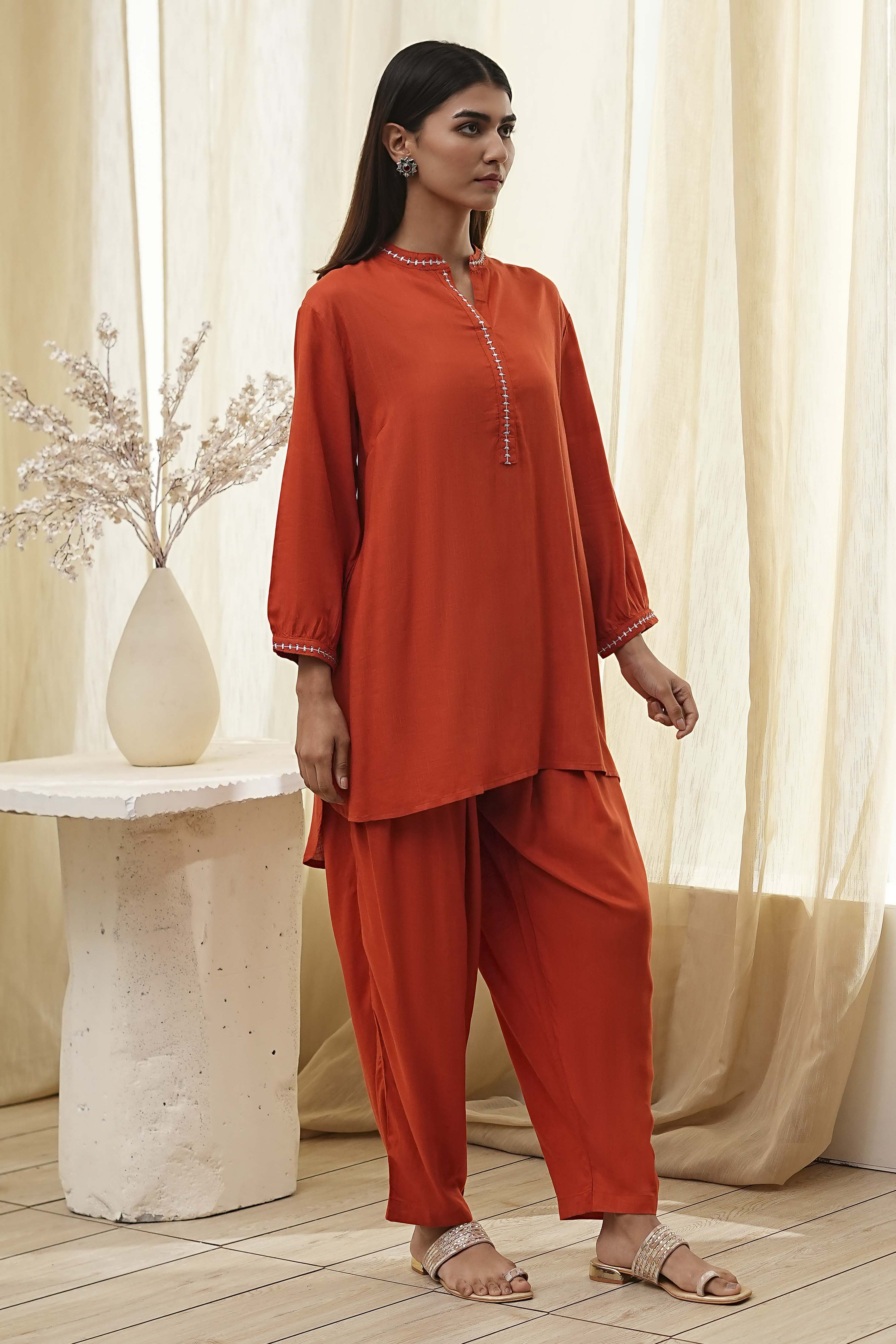 Burnt Orange Straight Solid Co-ord Set image number 5