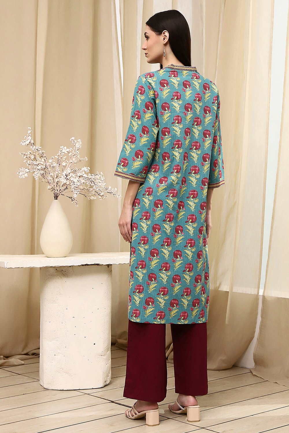 Teal Cotton Printed Straight Kurta image number 3