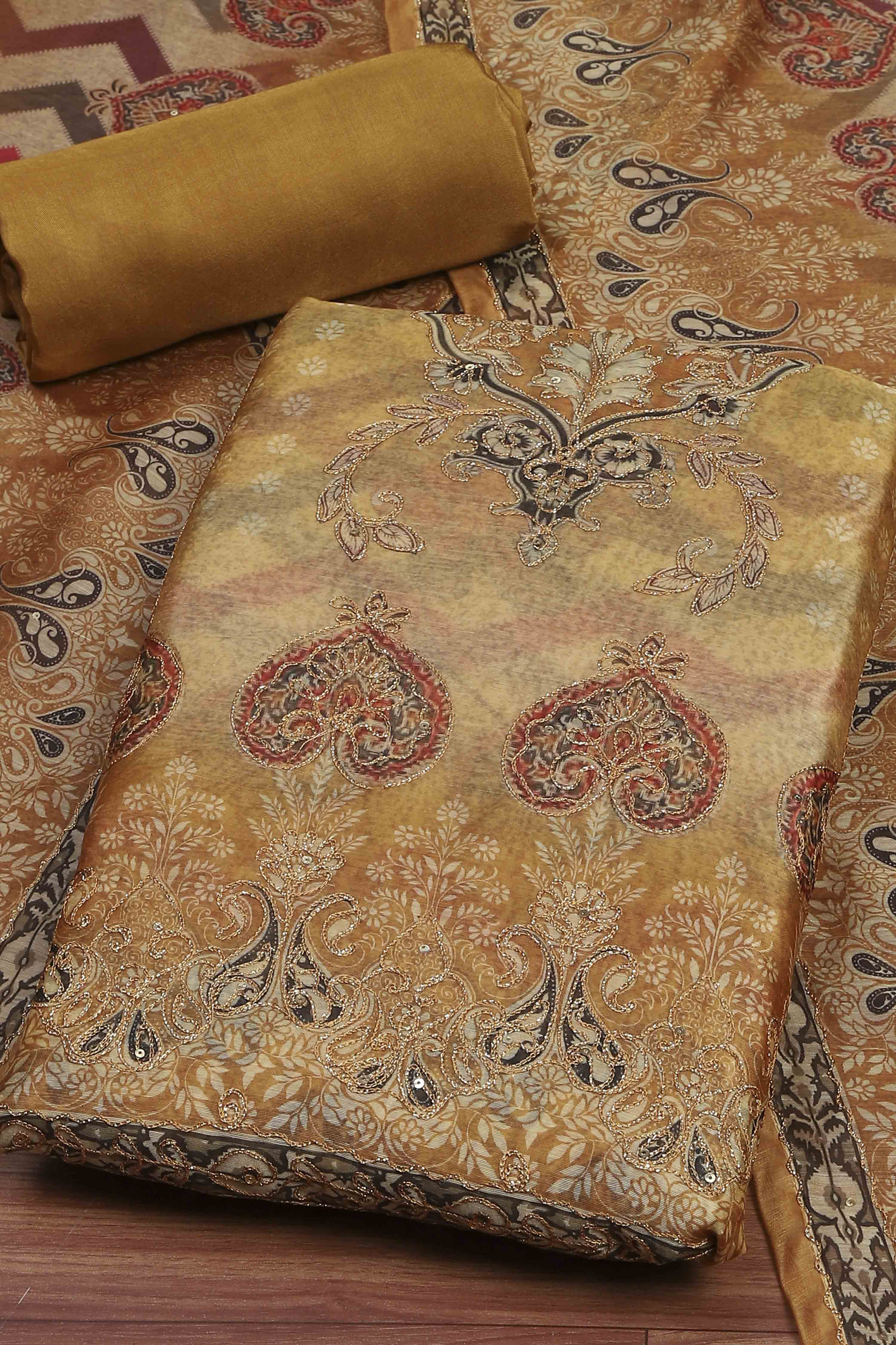 Light Red Chanderi Unstitched Suit Set image number 1