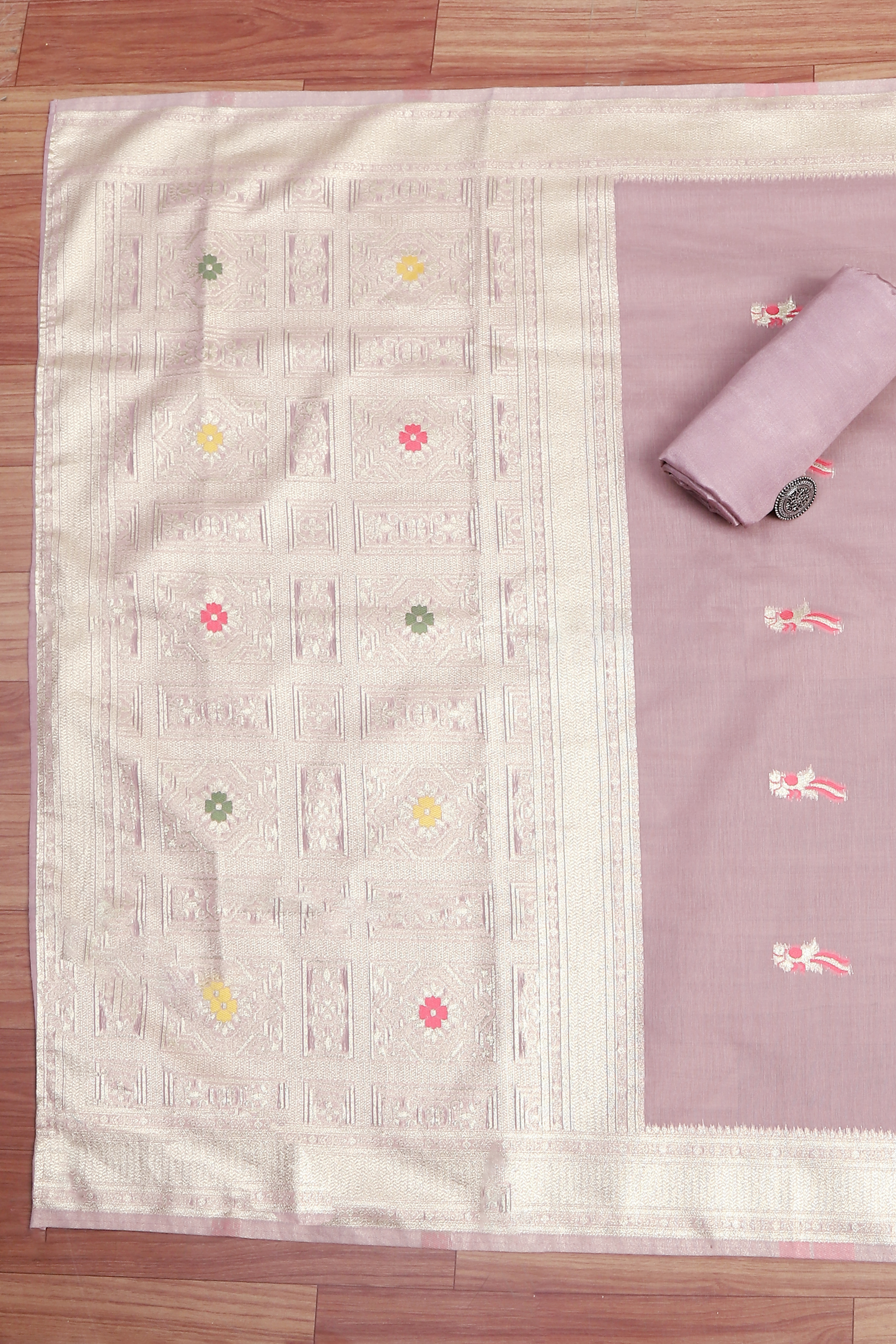 Pink Tissue Chanderi Embroidered Unstitched Suit Set image number 3