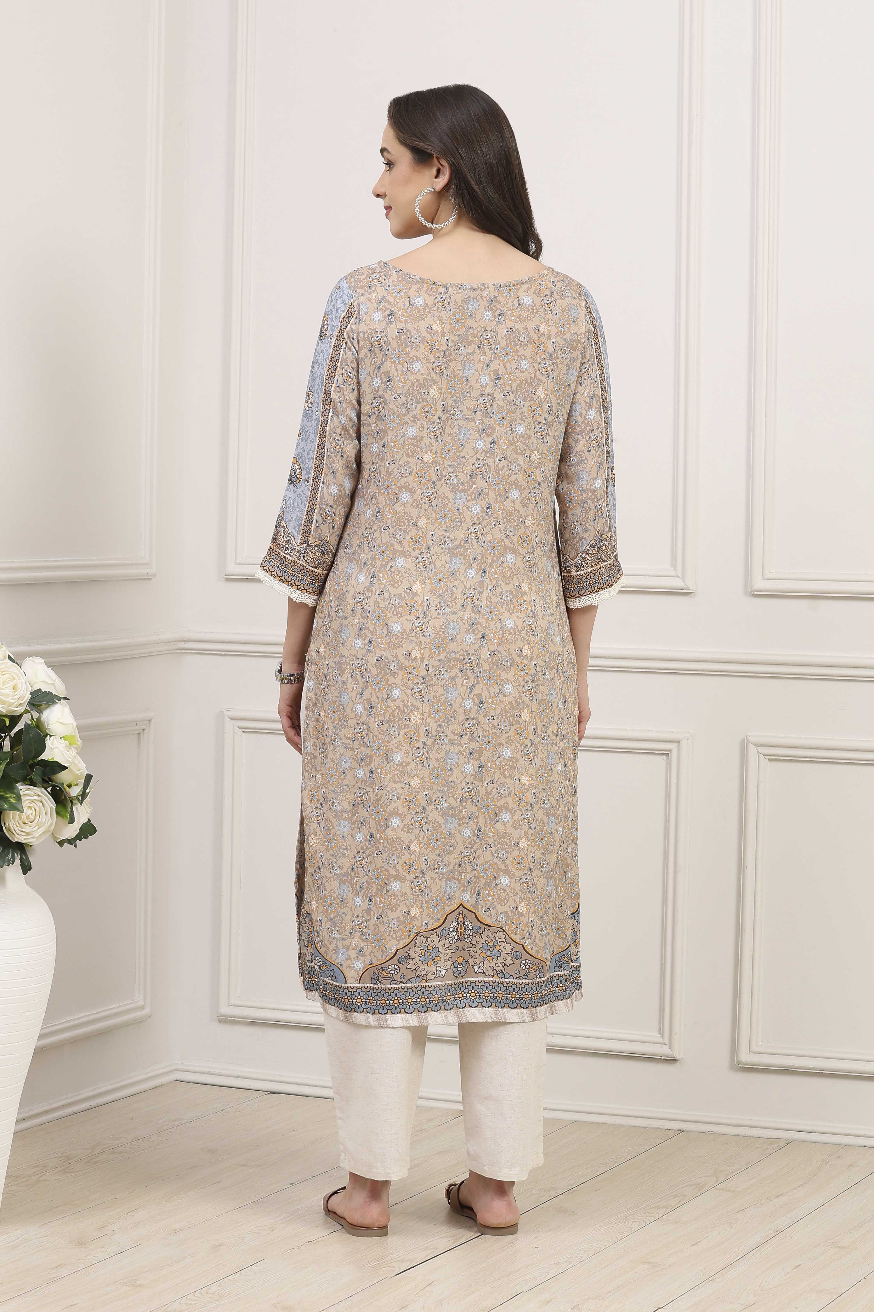 Beige Viscose Straight Kurta image number 3