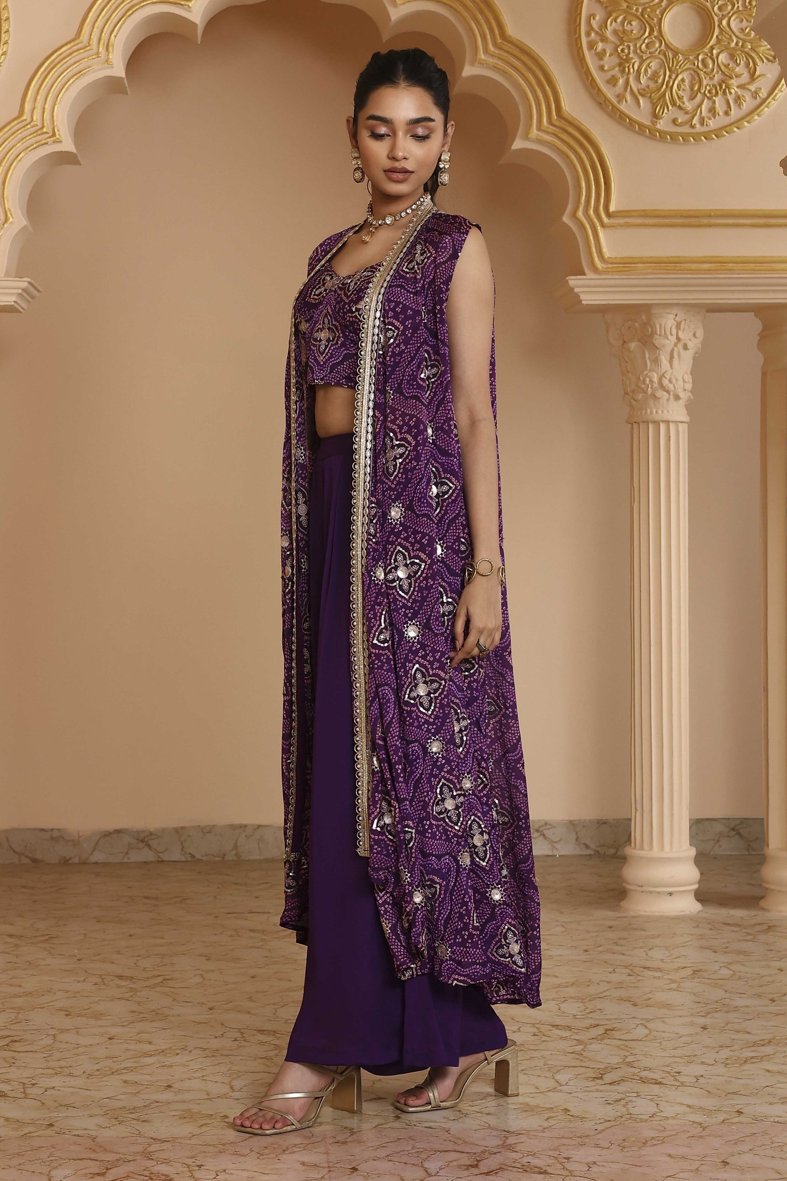 Purple Pure Chinnon Bandhani Printed Fusion Set image number 3