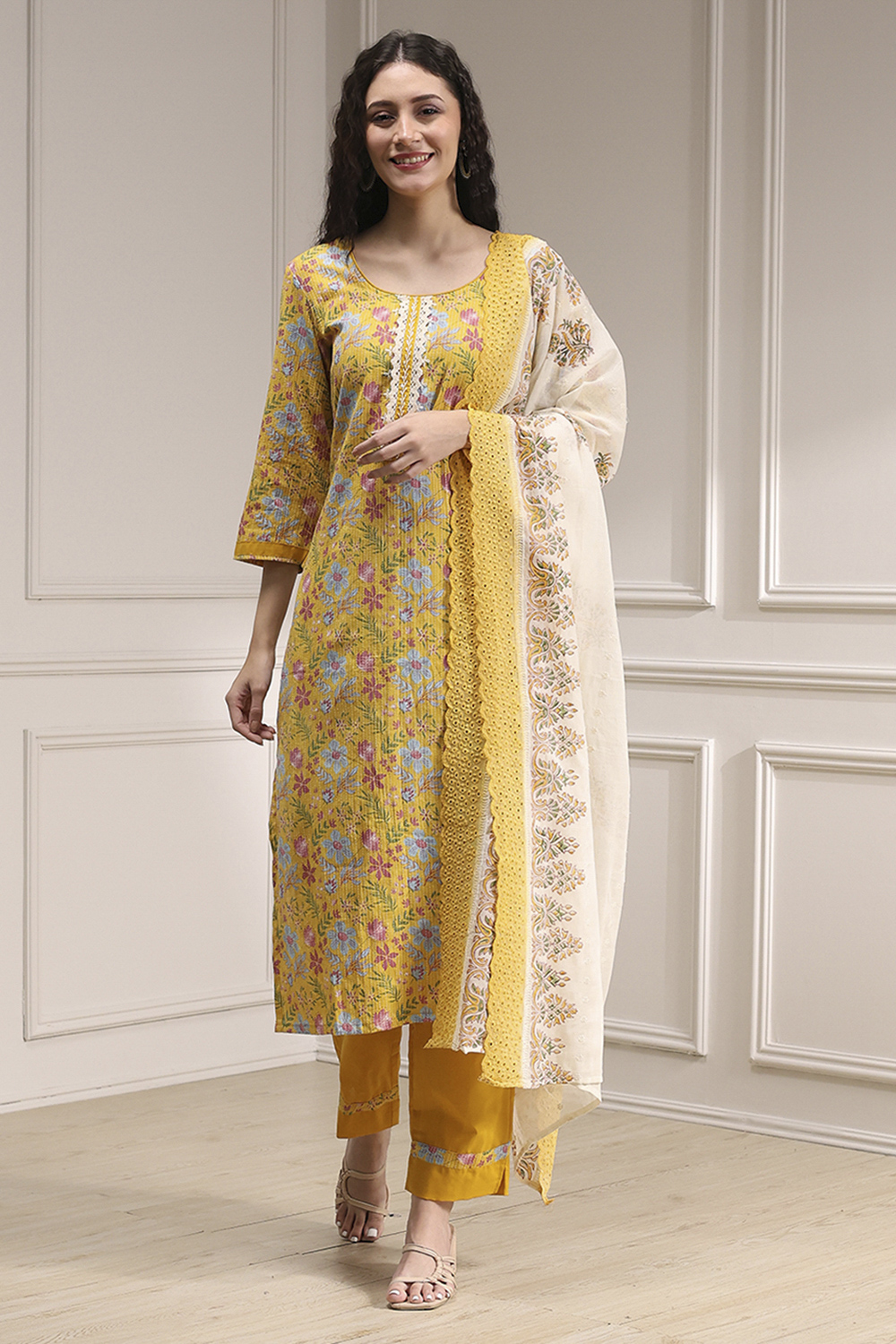 Turquoise Chanderi Handloom Unstitched Suit Set image number 1