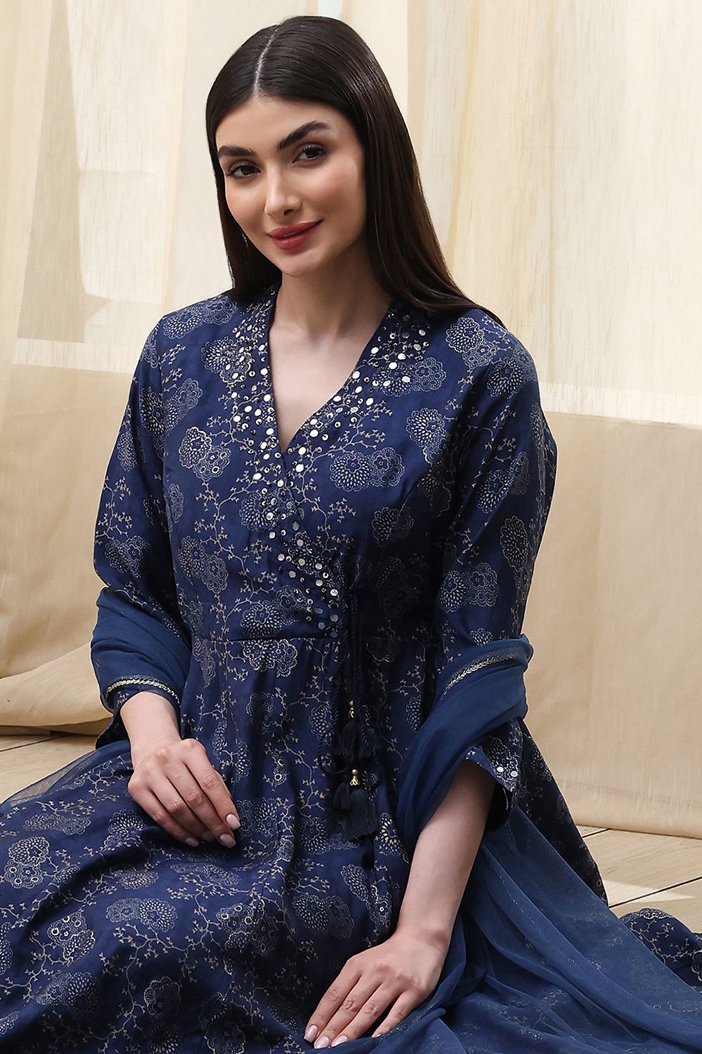 Navy Blue Printed Angrakha Style Anarkali Suit Set image number 0