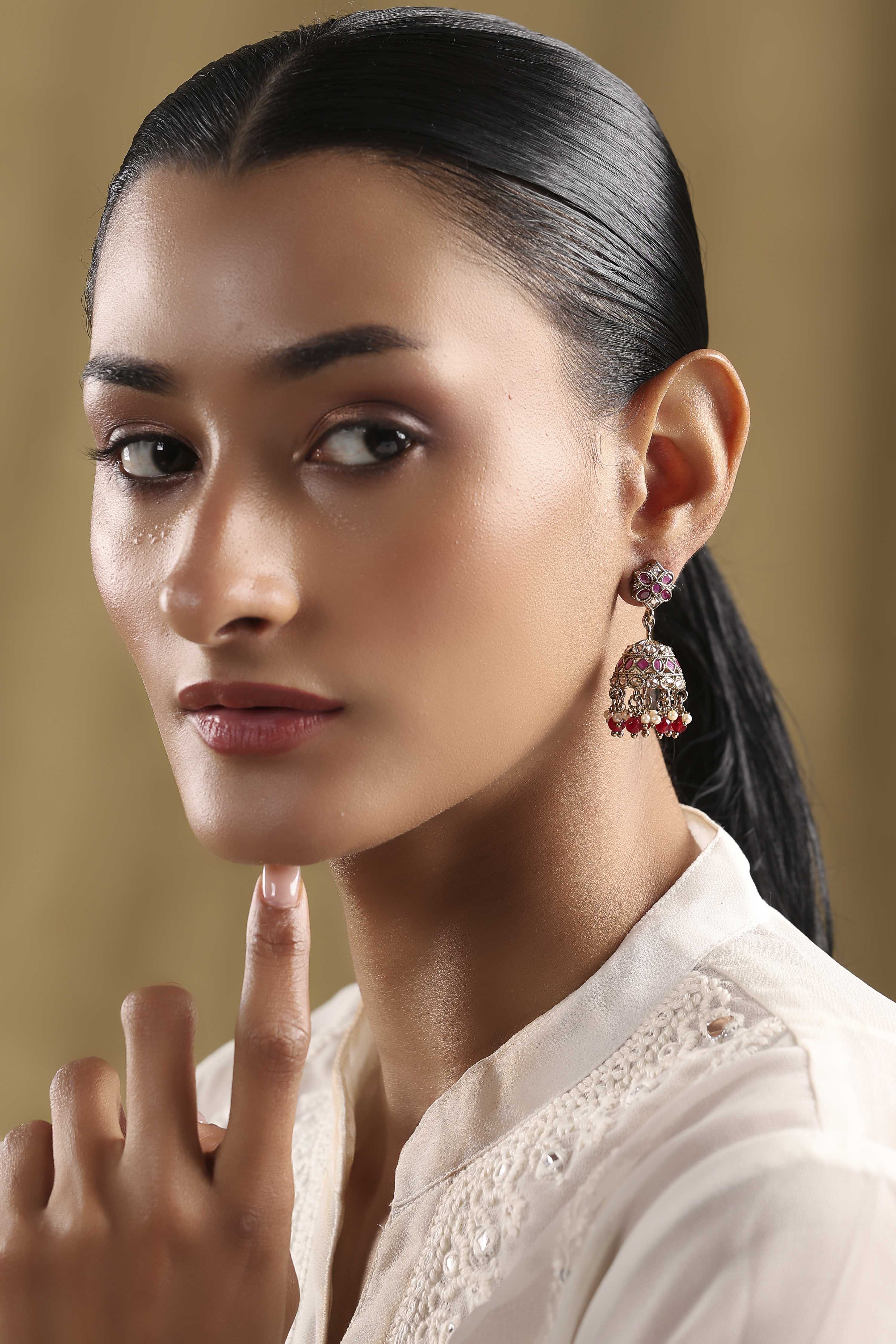 Dark Pink Stone Earrings image number 3