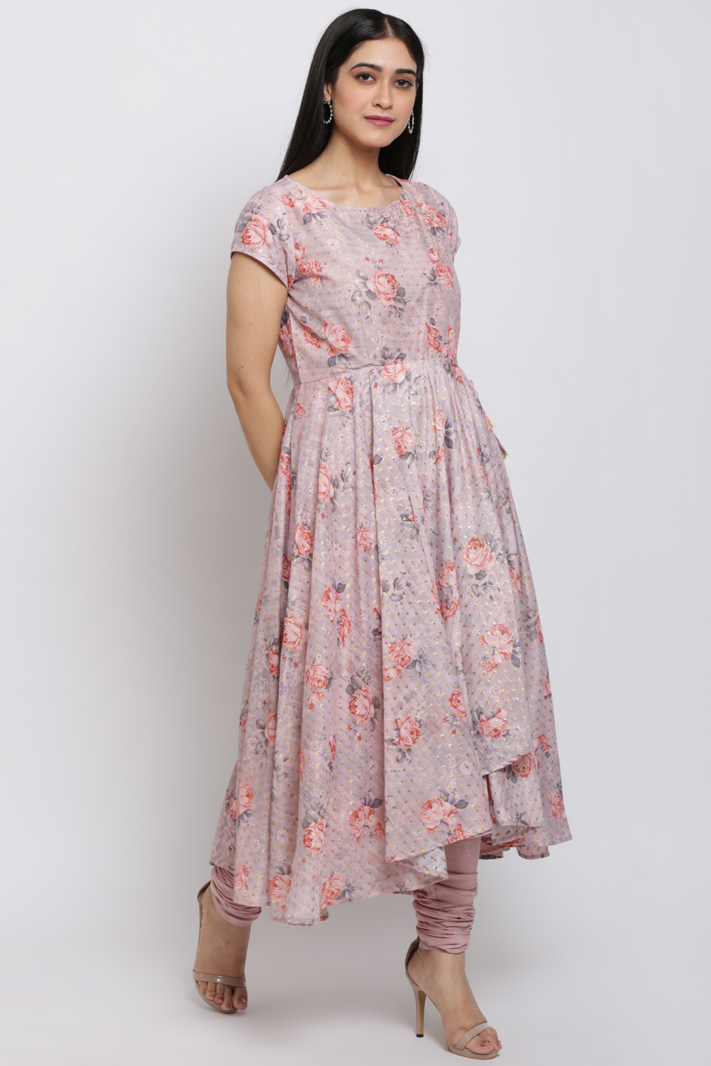 Dusky Rose Poly Metallic Anarkali Kurta Churidar Suit Set image number 2