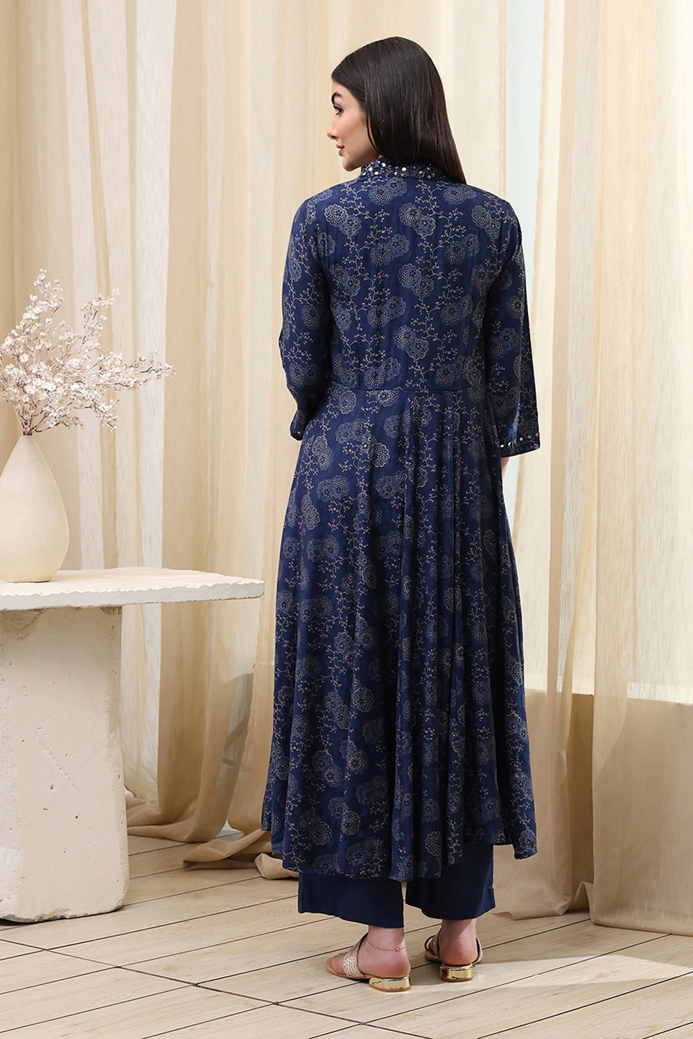Navy Blue Printed Angrakha Style Anarkali Suit Set image number 4