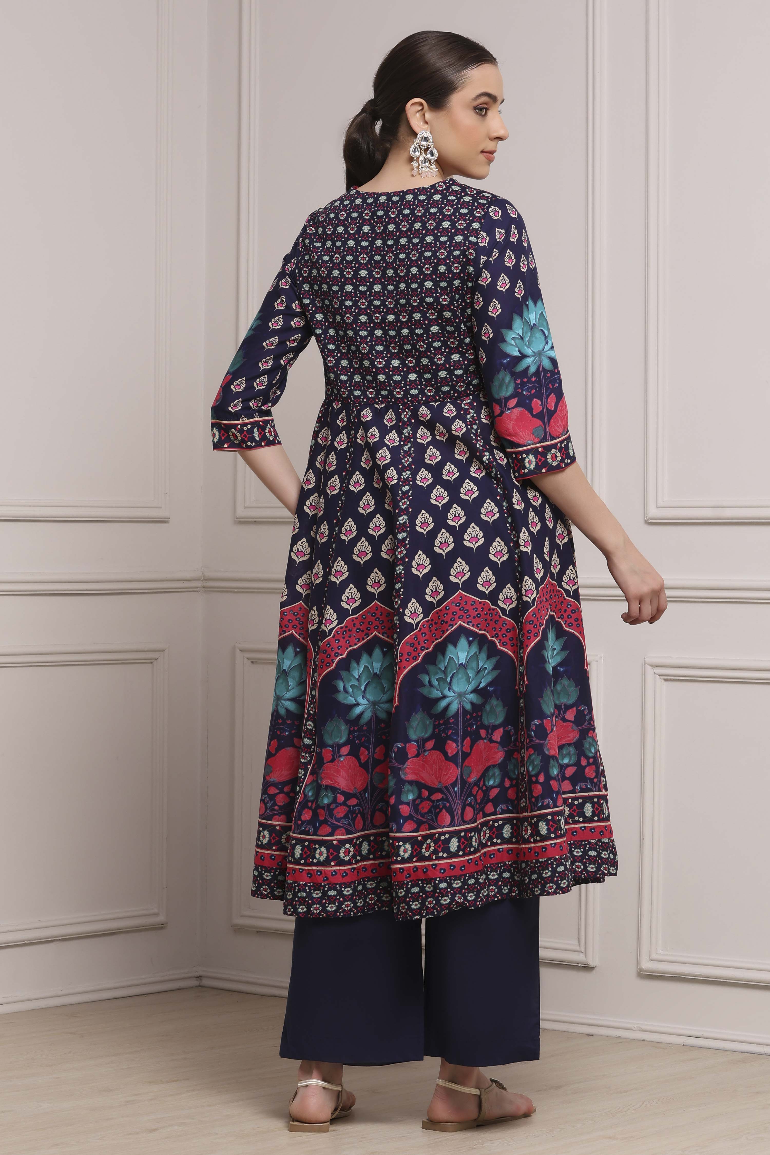 Navy Cotton Anarkali Printed Suit Set image number 4