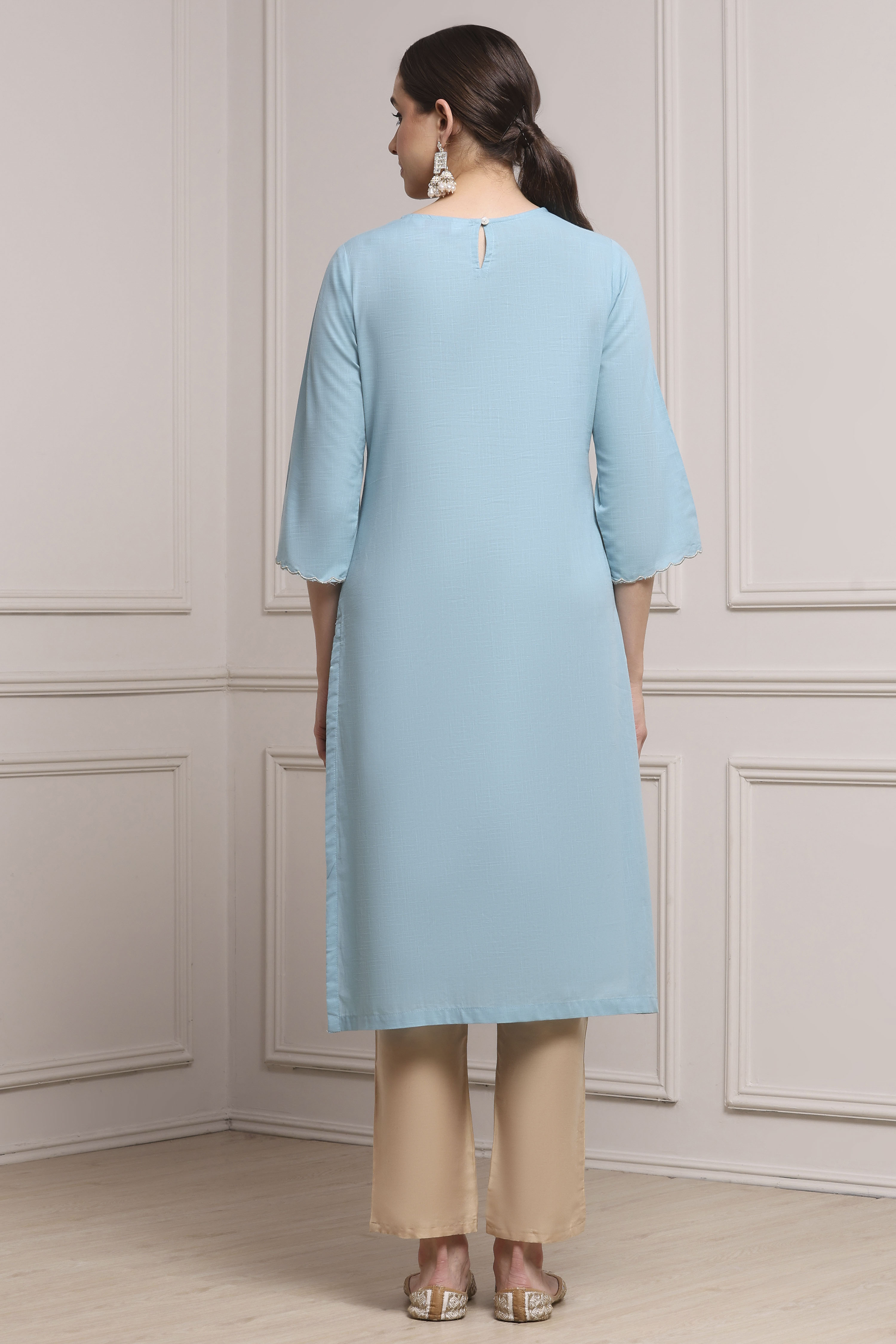 Blue Cotton Straight Solid Kurta image number 3