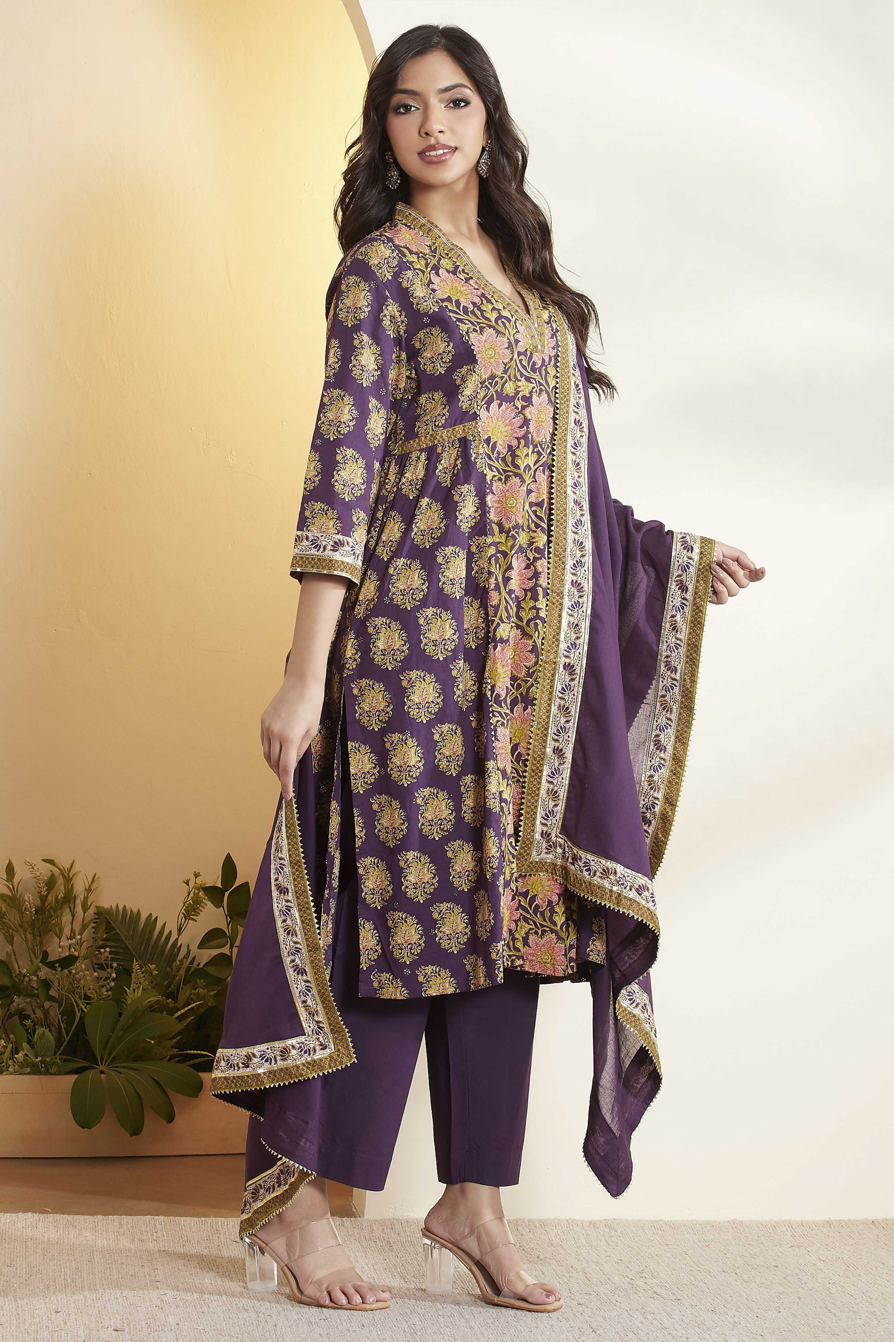 Purple Cotton Asymmetric Suit Set image number 5