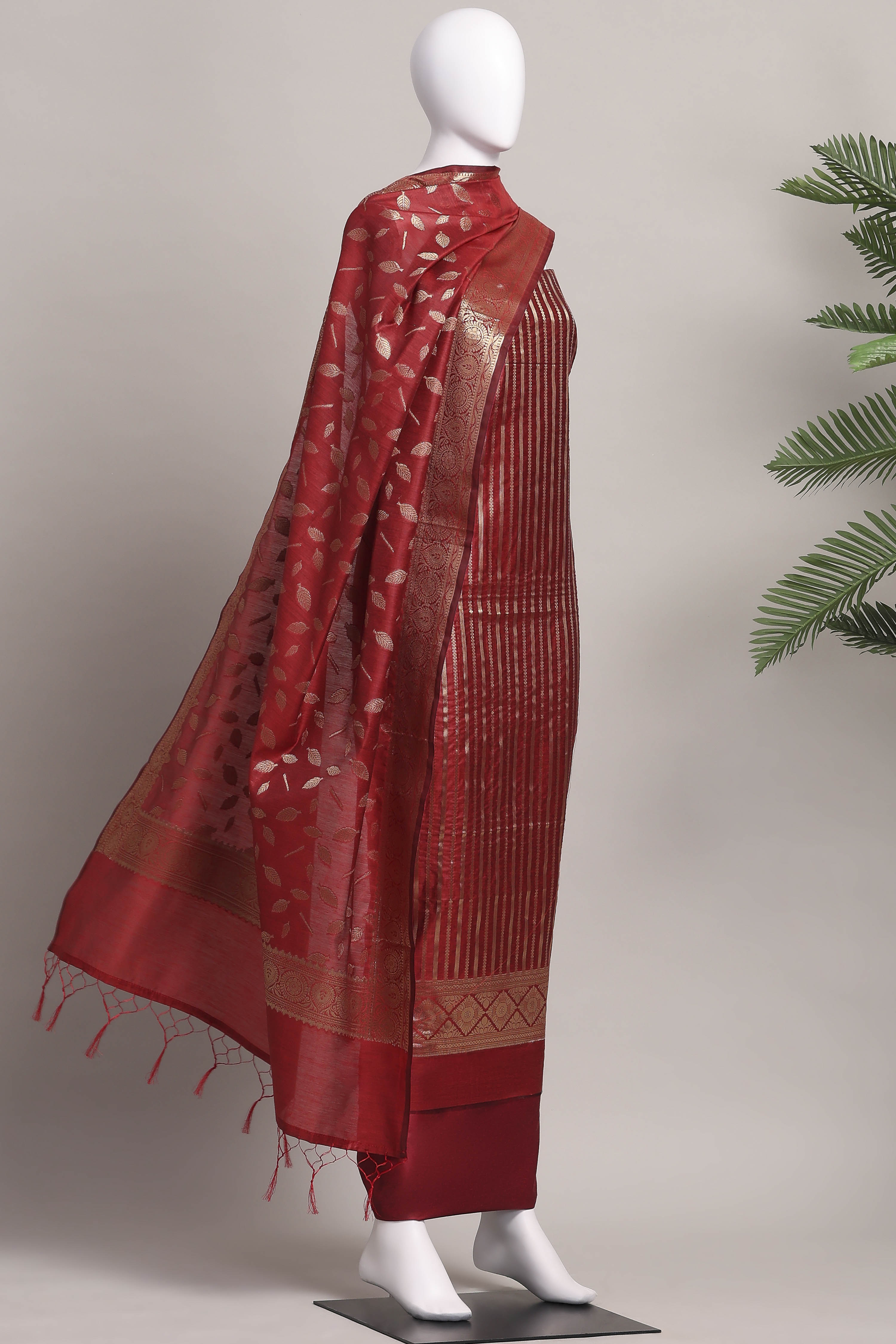 Mustard Banarasi Chanderi Banarasi Print Unstitched Suit Set image number 4