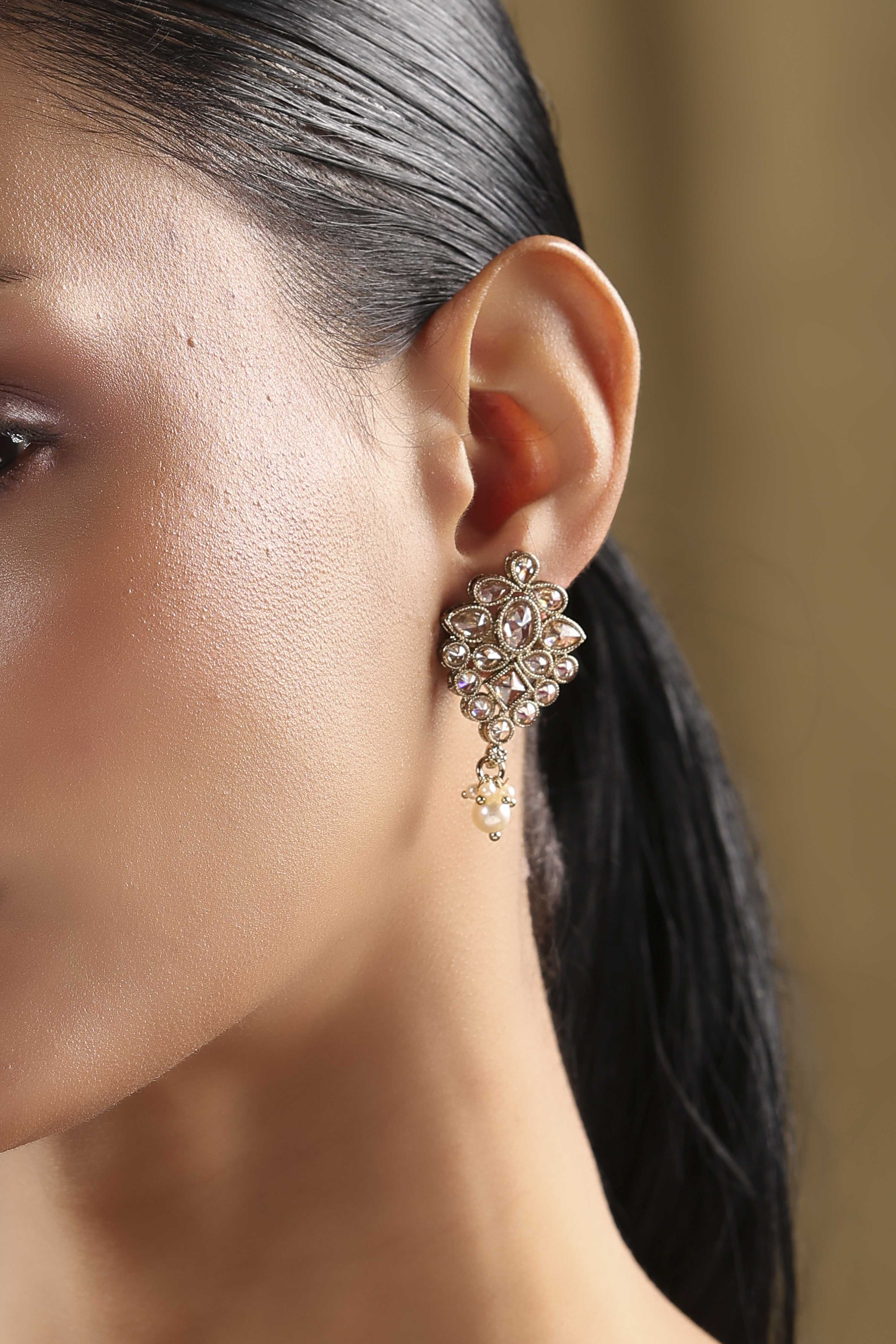 Champagne Gold Plated Alloy Studded Drop Earrings image number 1